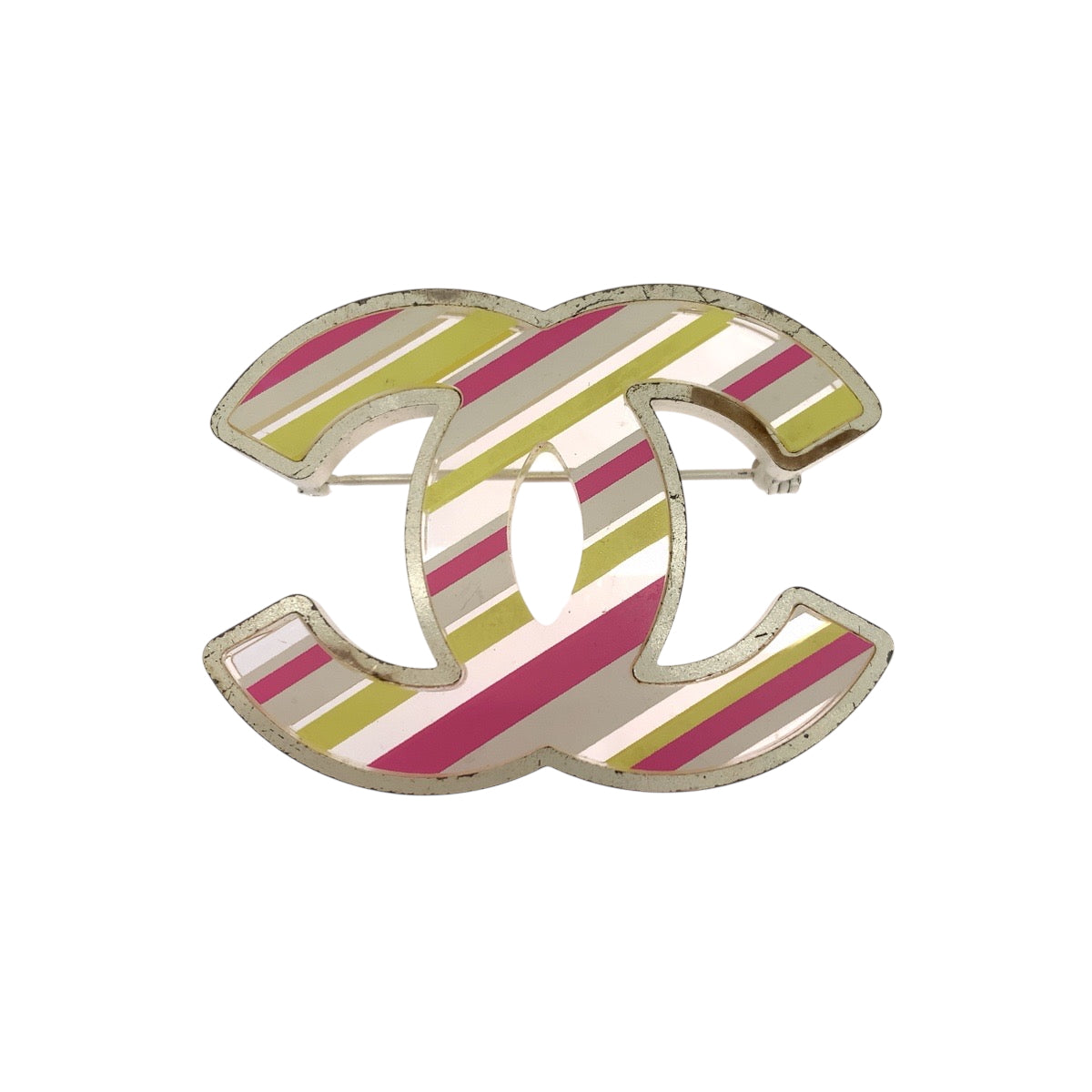Chanel Brooch Acrylic plating 04C Stripe COCO Multicolor Silver Handbag
