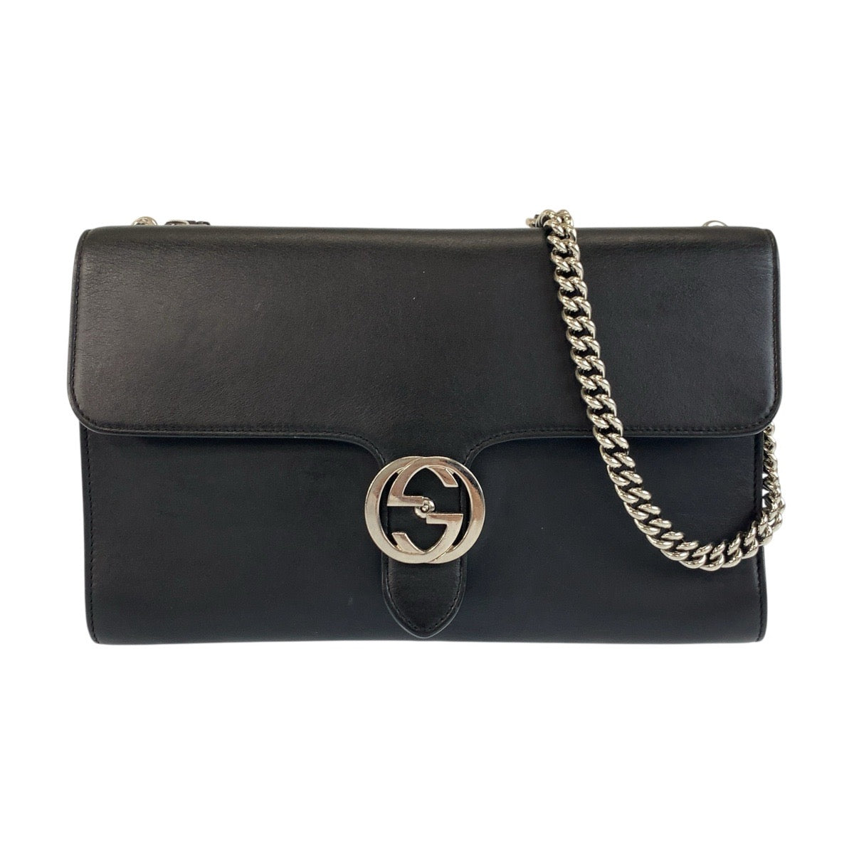 Gucci SilverMetal ChainShoulder Pochette Interlocking Leather Black Shoulder Bag