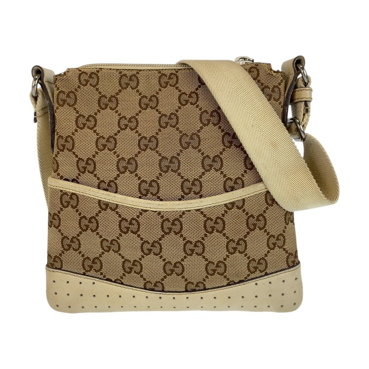 Gucci GG SilverMetal Canvas White Beige Shoulder Bag