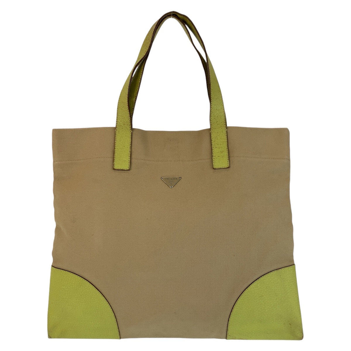 Prada Triangle Plate Tote Bag Leather Canvas Logo