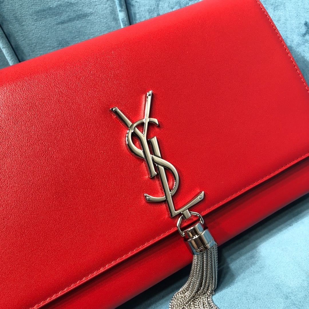 YSL Saint Laurent Kate Tassel 9in 24cm Grain De Poudre Red Medium Chain Handbag 94In24Cm Ysl