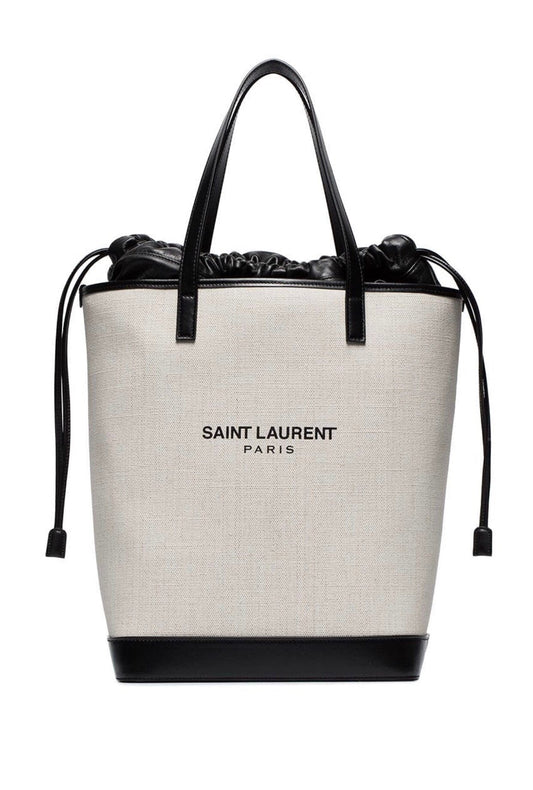 YSL Saint Laurent Teddy Handle 13in 33cm Canvas White Medium Bucket Tote Bag