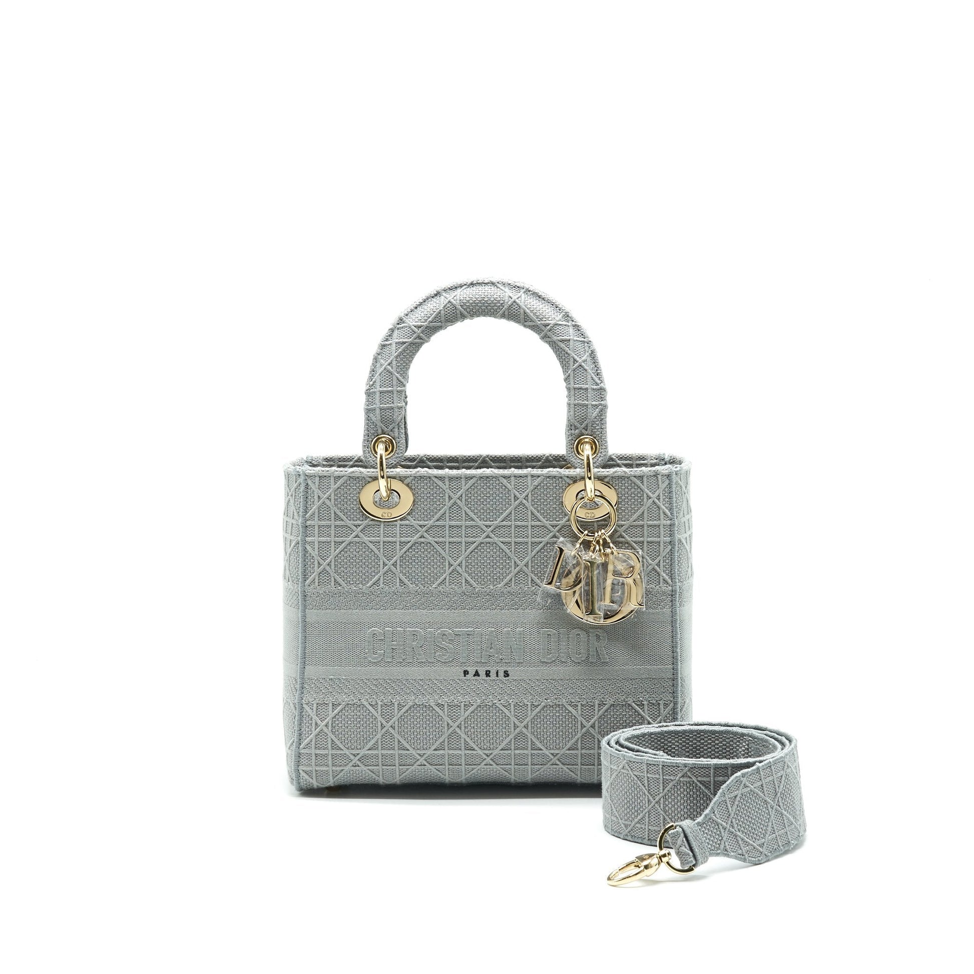 Dior Christian Cannage Lady Grey Handbag Canvas Medium Travel Bag