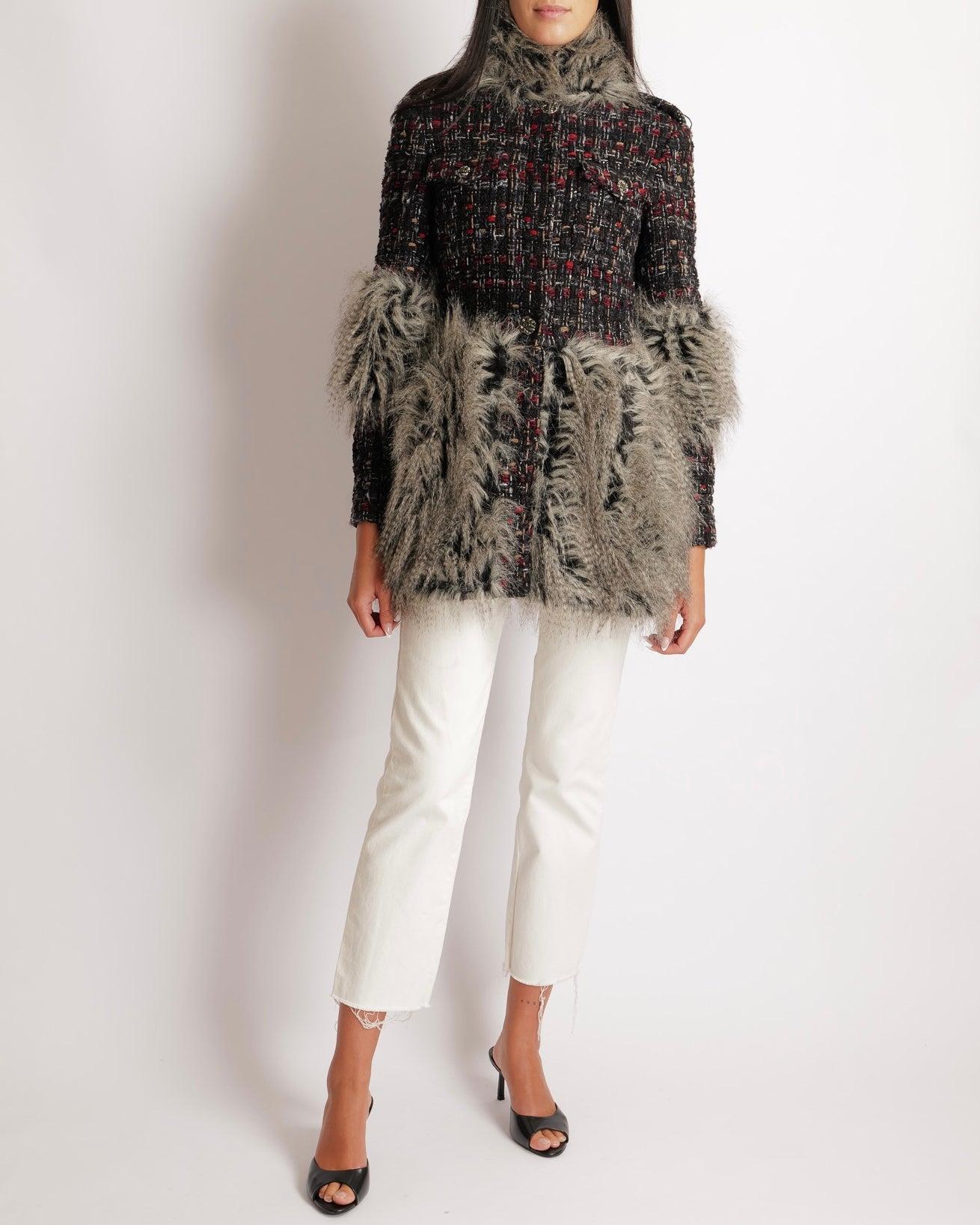 Chanel Fall 2010 Black, Grey and Red Tweed Jacket with Grey Faux Fur Sleeves and Trims and Black and Silver CC Logo Buttons Size FR 38 (UK 10)