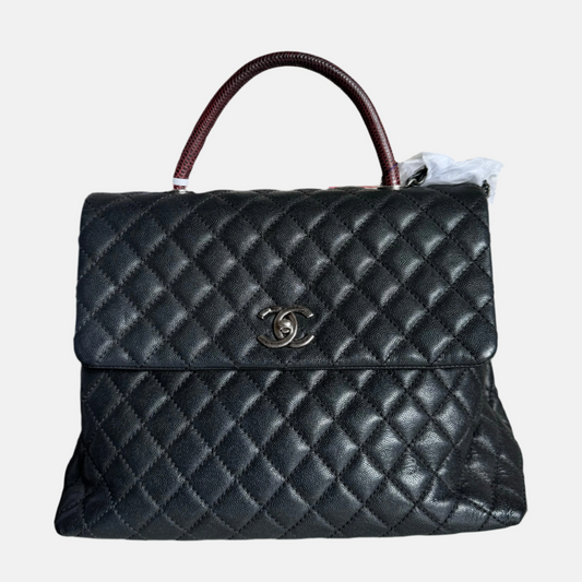 Chanel Coco Handle Maxi Caviar Burgundy Lizard Black Silver Leather Handbag