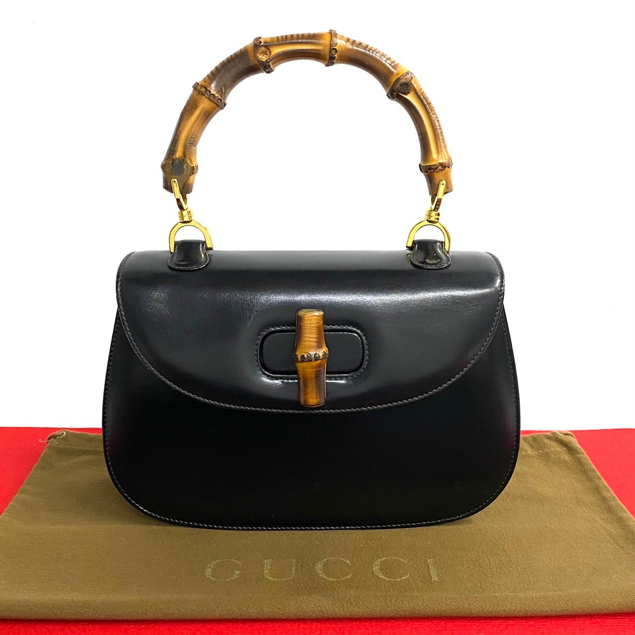 Gucci Turn lock Bamboo Leather Calf Black Travel Bag
