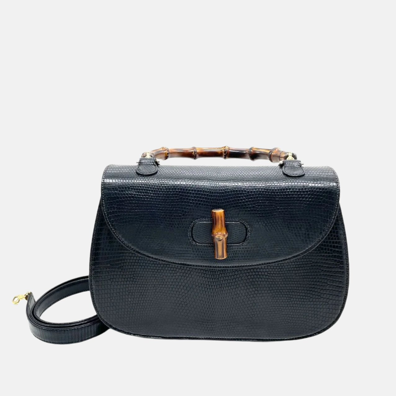 Gucci Bamboo Rare Lizard-skin Strap Leather Black Large Travel Bag