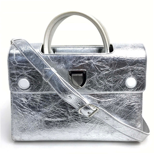 Dior Christian Handbag Metallic Women Leather Silver Travel Bag