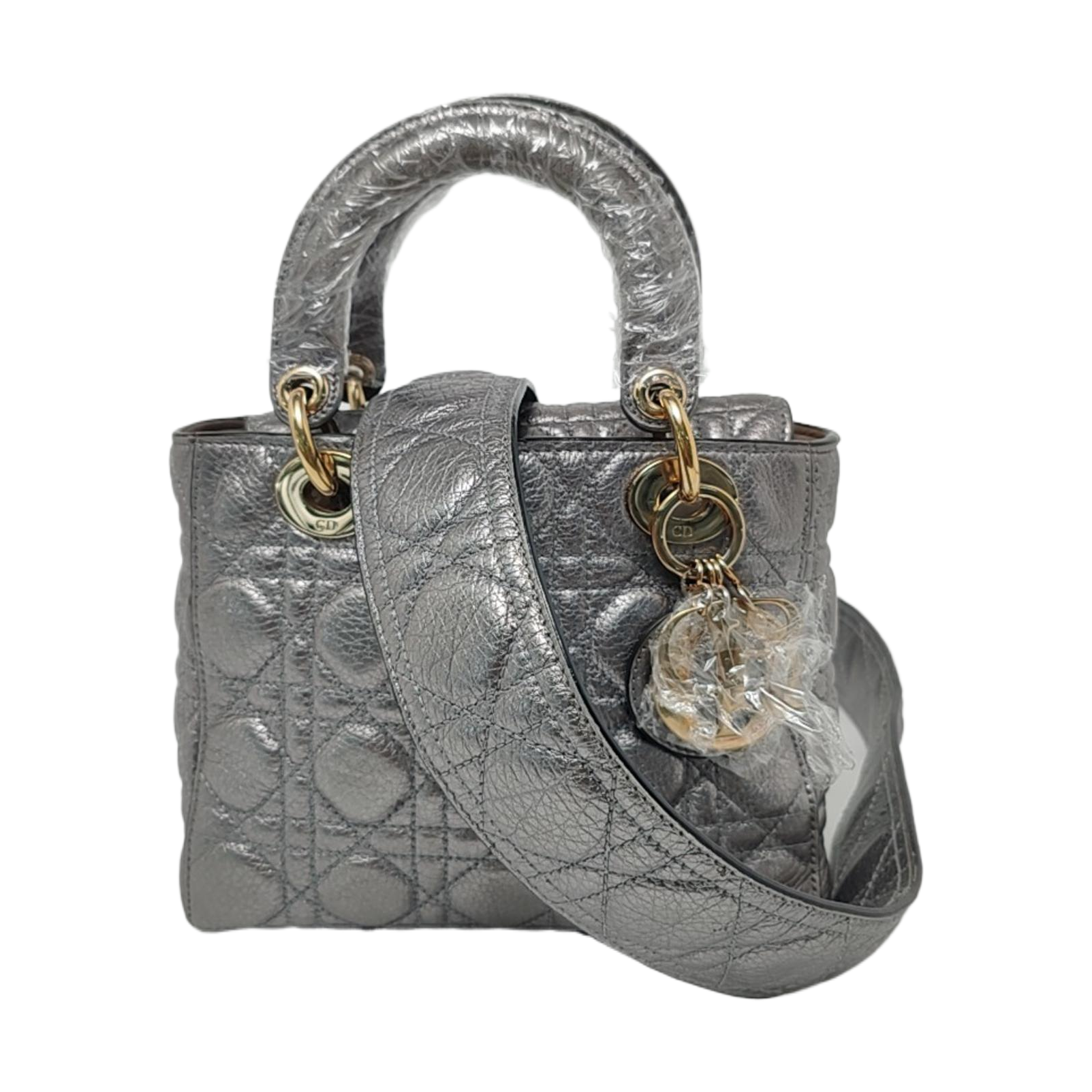 Dior Lady Supple Calfskin Metallic Grey Cannage Handbag Leather Small Travel Bag