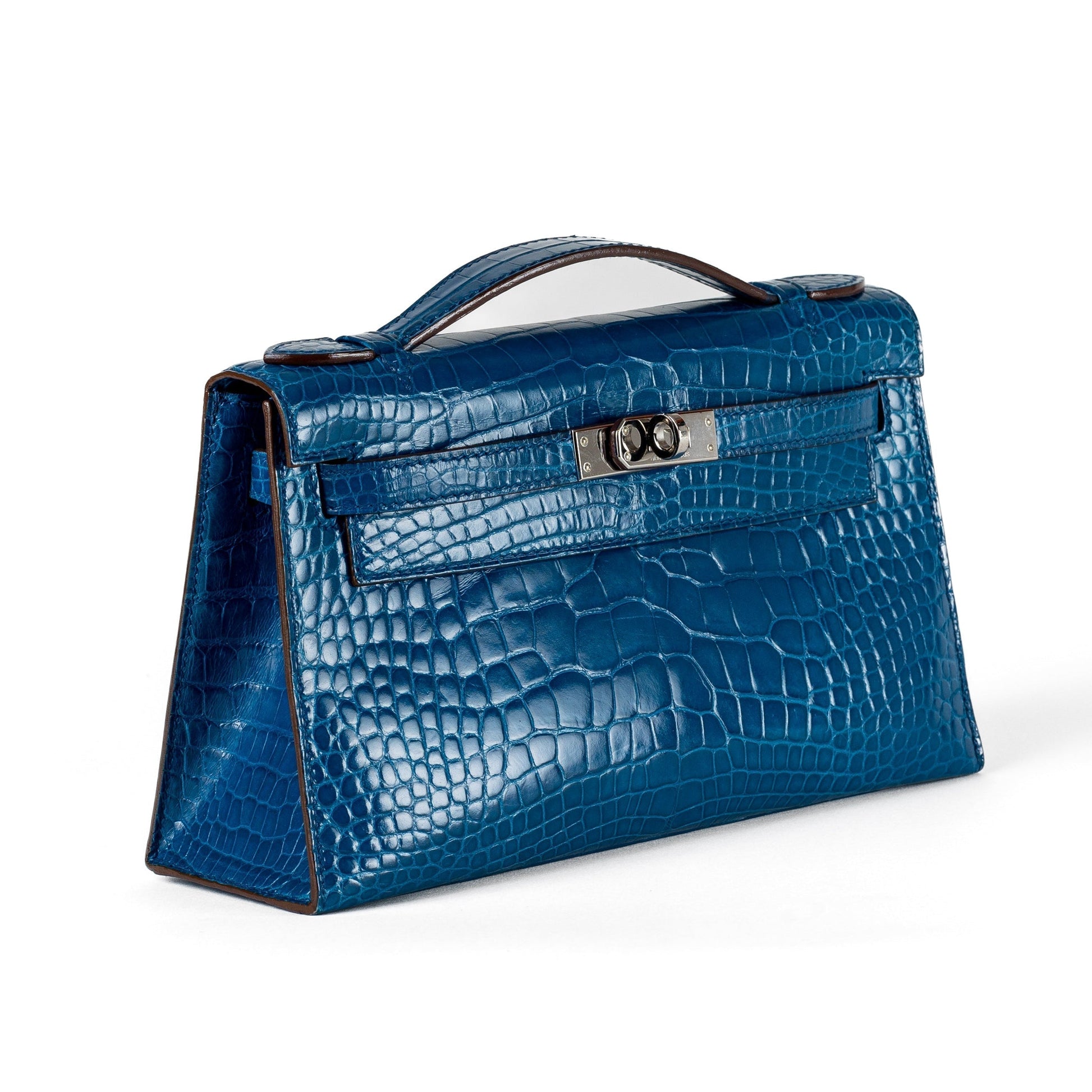Hermes Izmir Porosus Croc Kelly Pochette W Palladium Hardware Blue Travel Bag