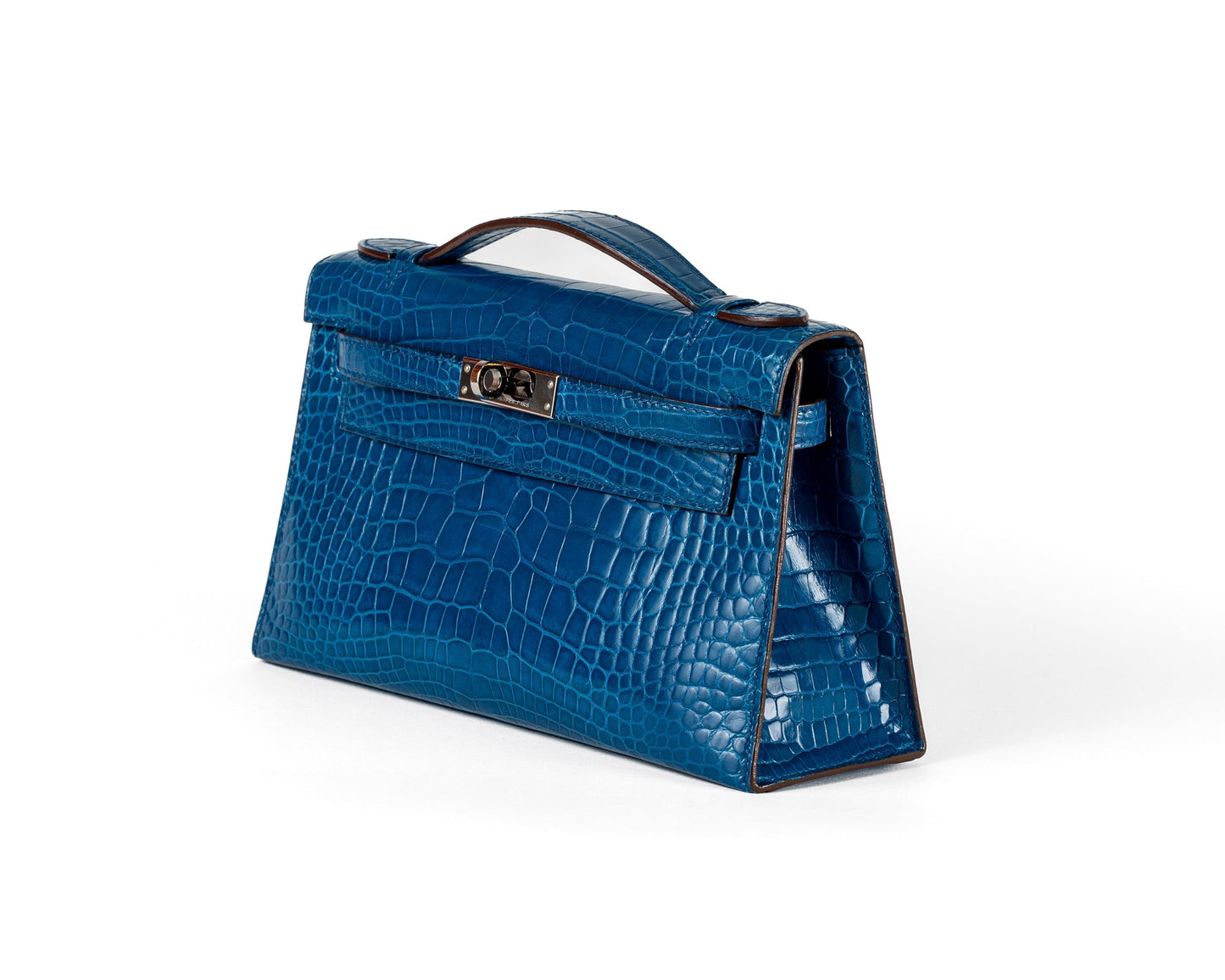 Hermes Izmir Porosus Croc Kelly Pochette W Palladium Hardware Blue Travel Bag