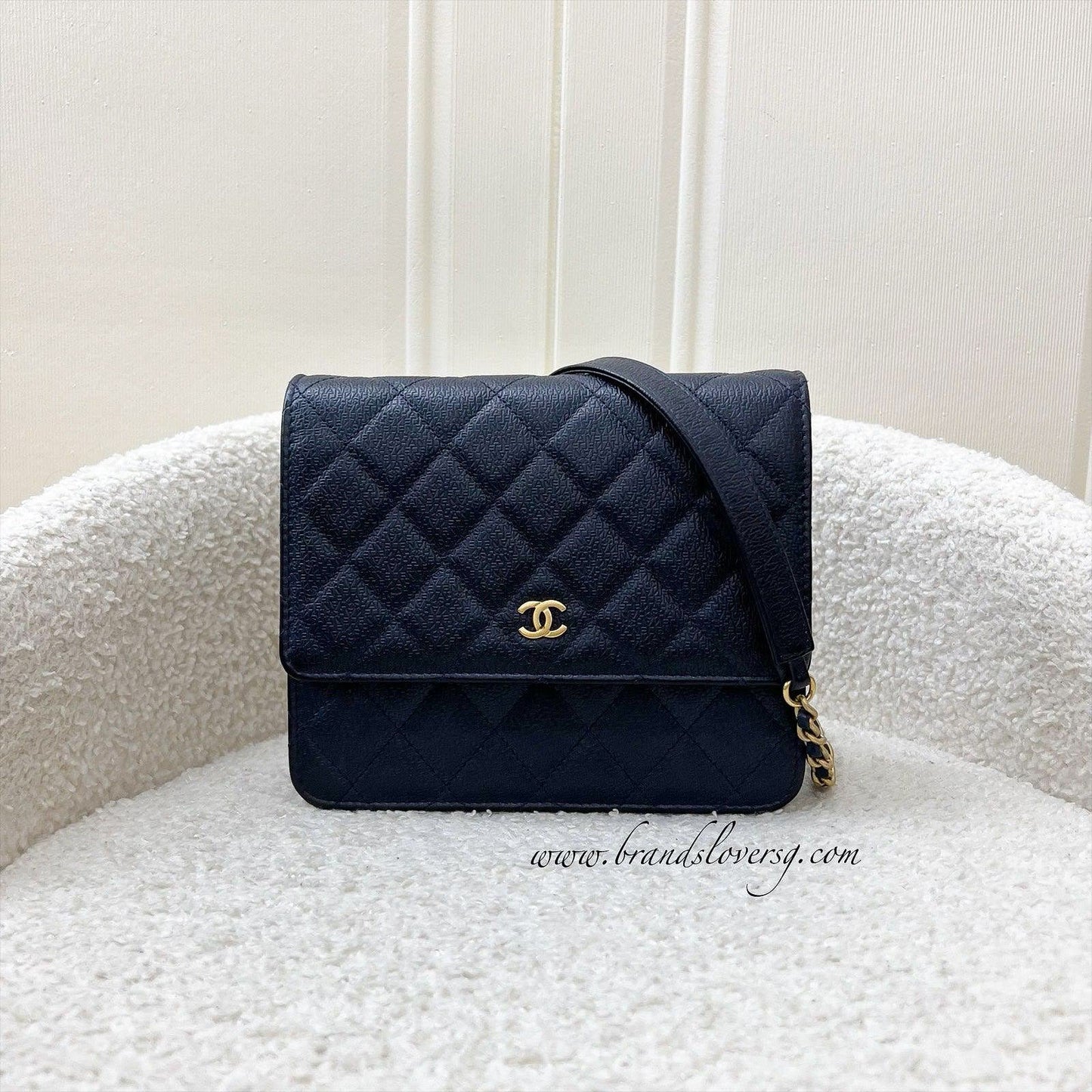 Chanel Square Wallet on Chain WOC in Navy Embossed Calfskin and AGHW (Model: ) Bag