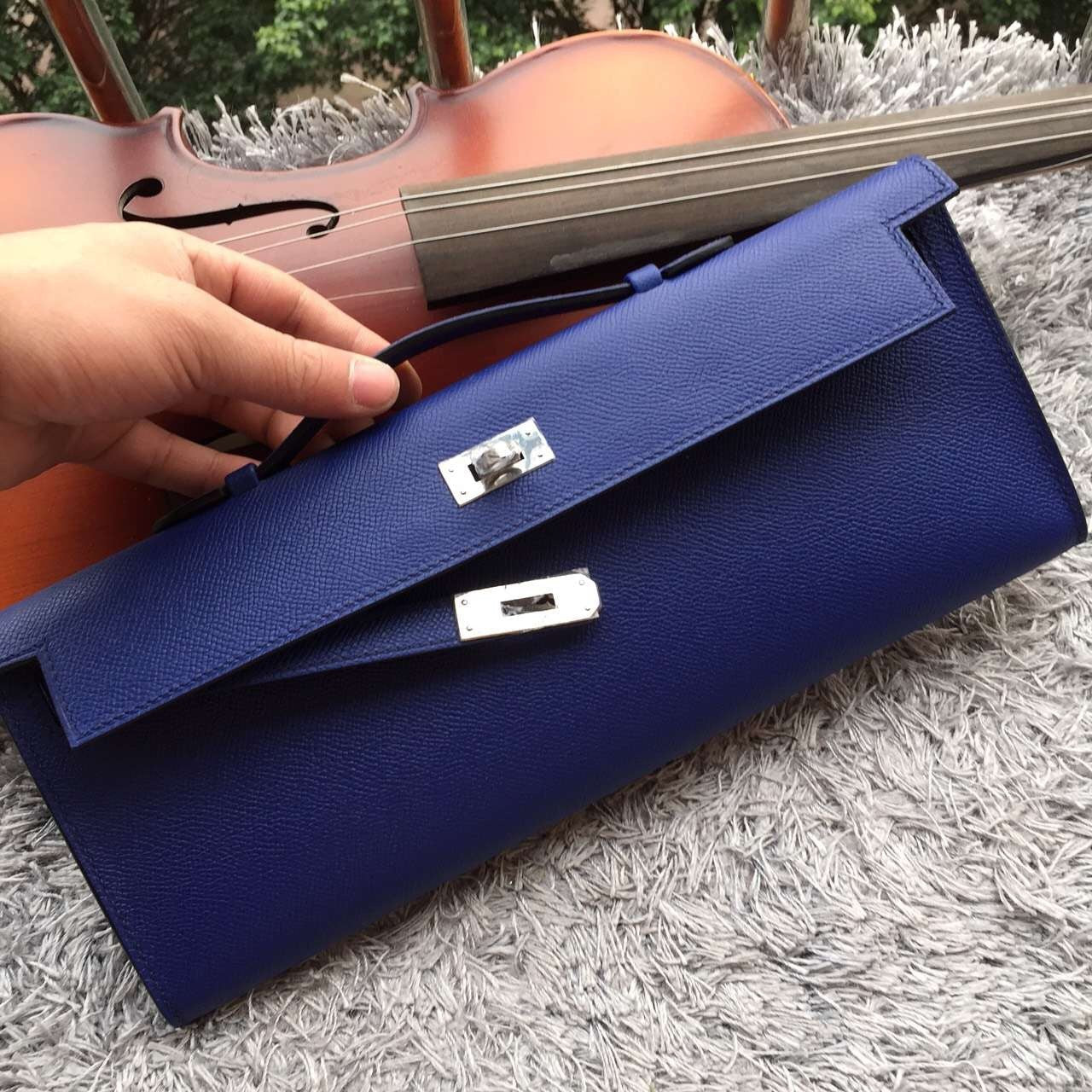 Hermes Luxury Handcrafted Kelly Cut Clutch Handbag Blue Clutch Bag