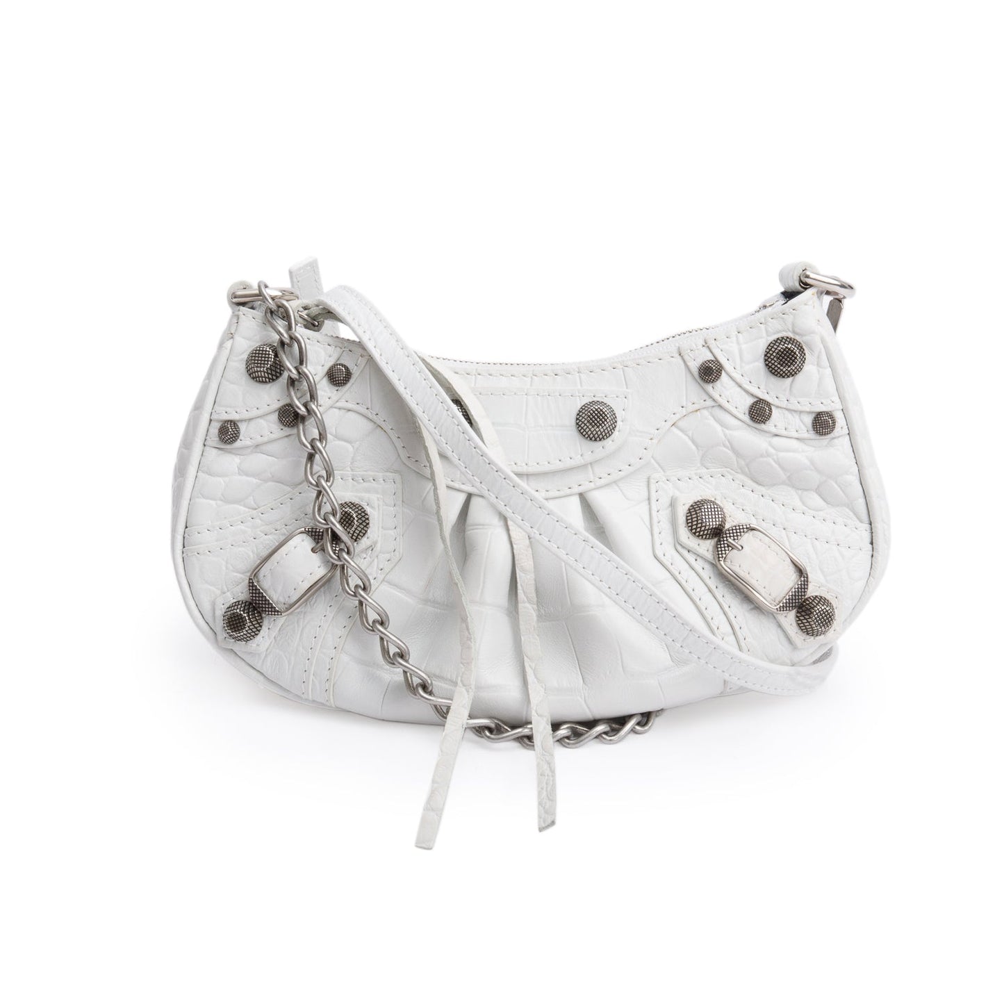 Balenciaga Crocodile Embossed Le Cagole Crossbody With Chain Leather White Crossbody Bag