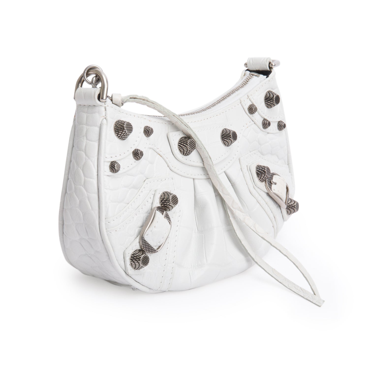 Balenciaga Crocodile Embossed Le Cagole Crossbody With Chain Leather White Crossbody Bag