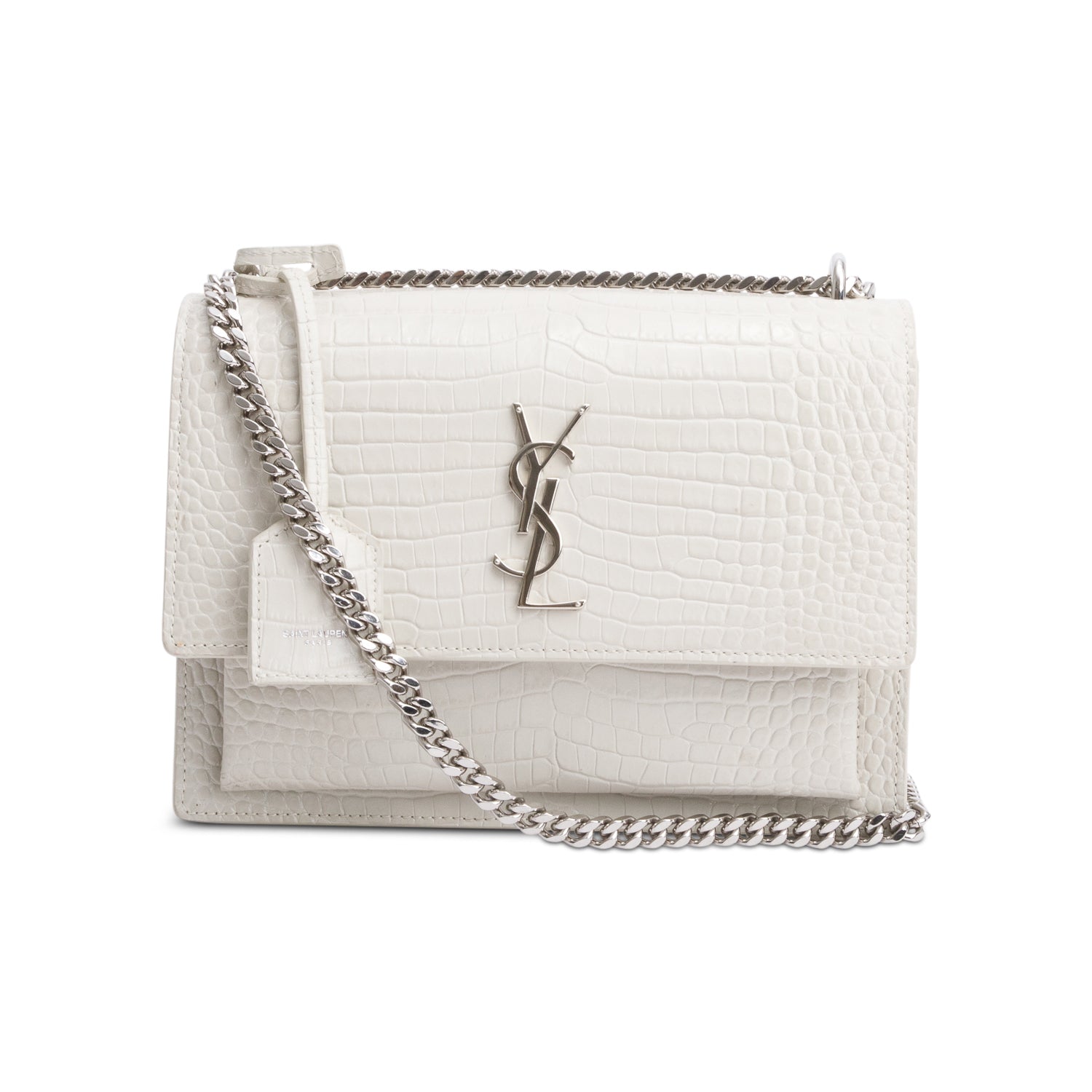 YSL Saint Laurent Ivory Crocodile Embossed Sunset Bag Medium Travel Bag