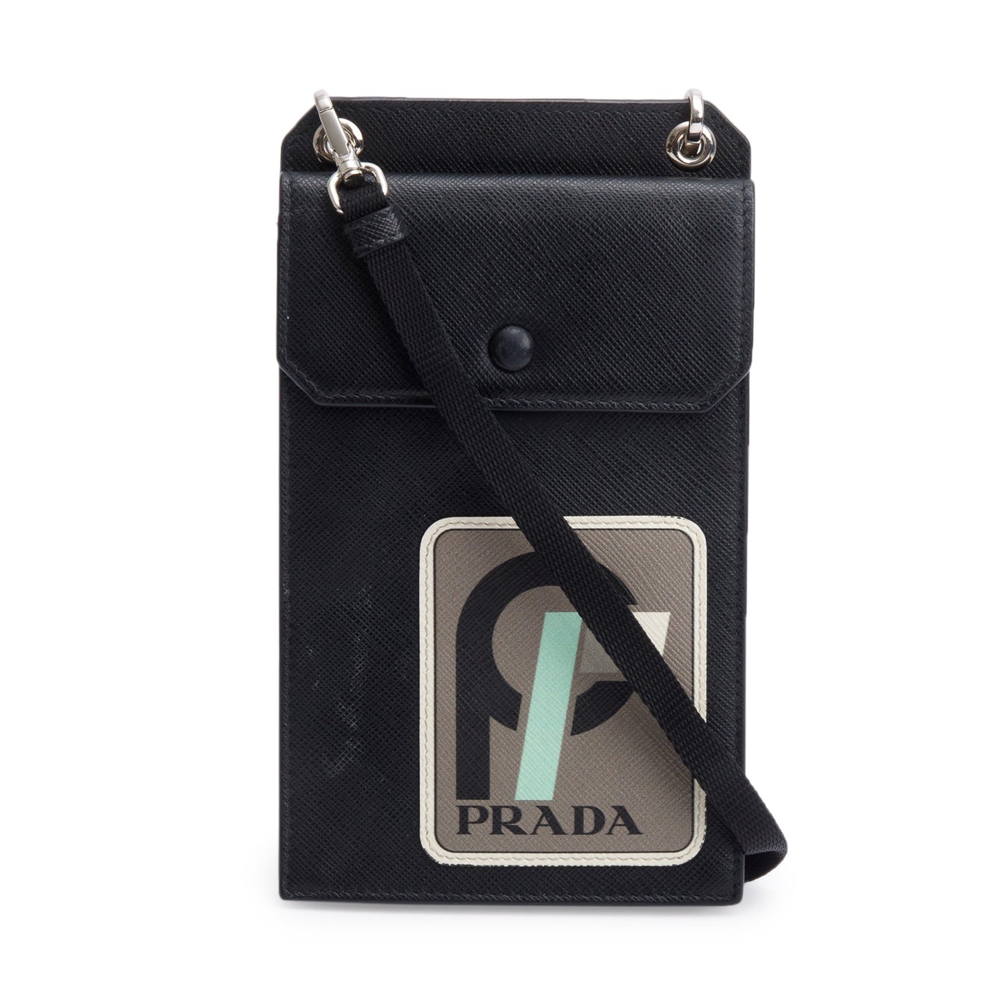 Prada Saffiano Lux Racing Patch Phone Pouch Crossbody Leather Black Crossbody Bag