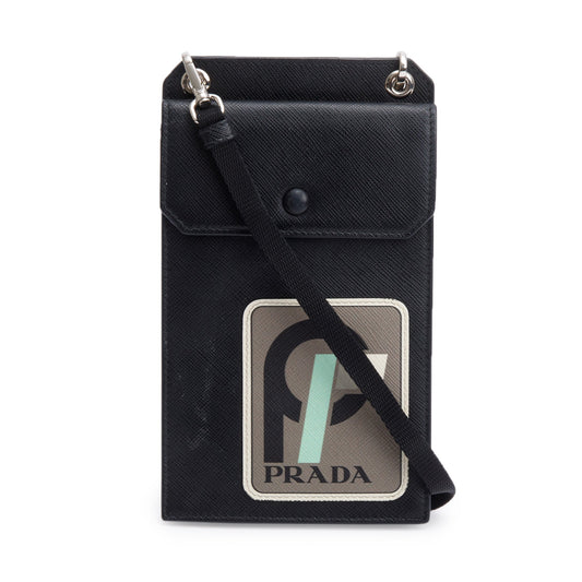 Prada Saffiano Lux Racing Patch Phone Pouch Crossbody Leather Black Crossbody Bag
