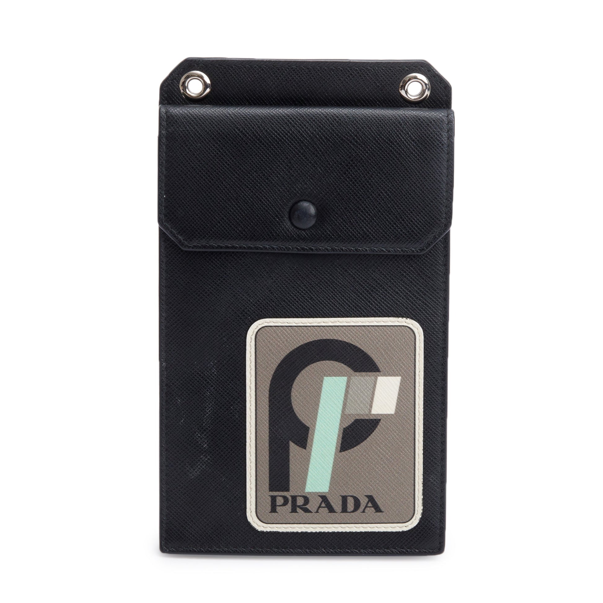 Prada Saffiano Lux Racing Patch Phone Pouch Crossbody Leather Black Crossbody Bag