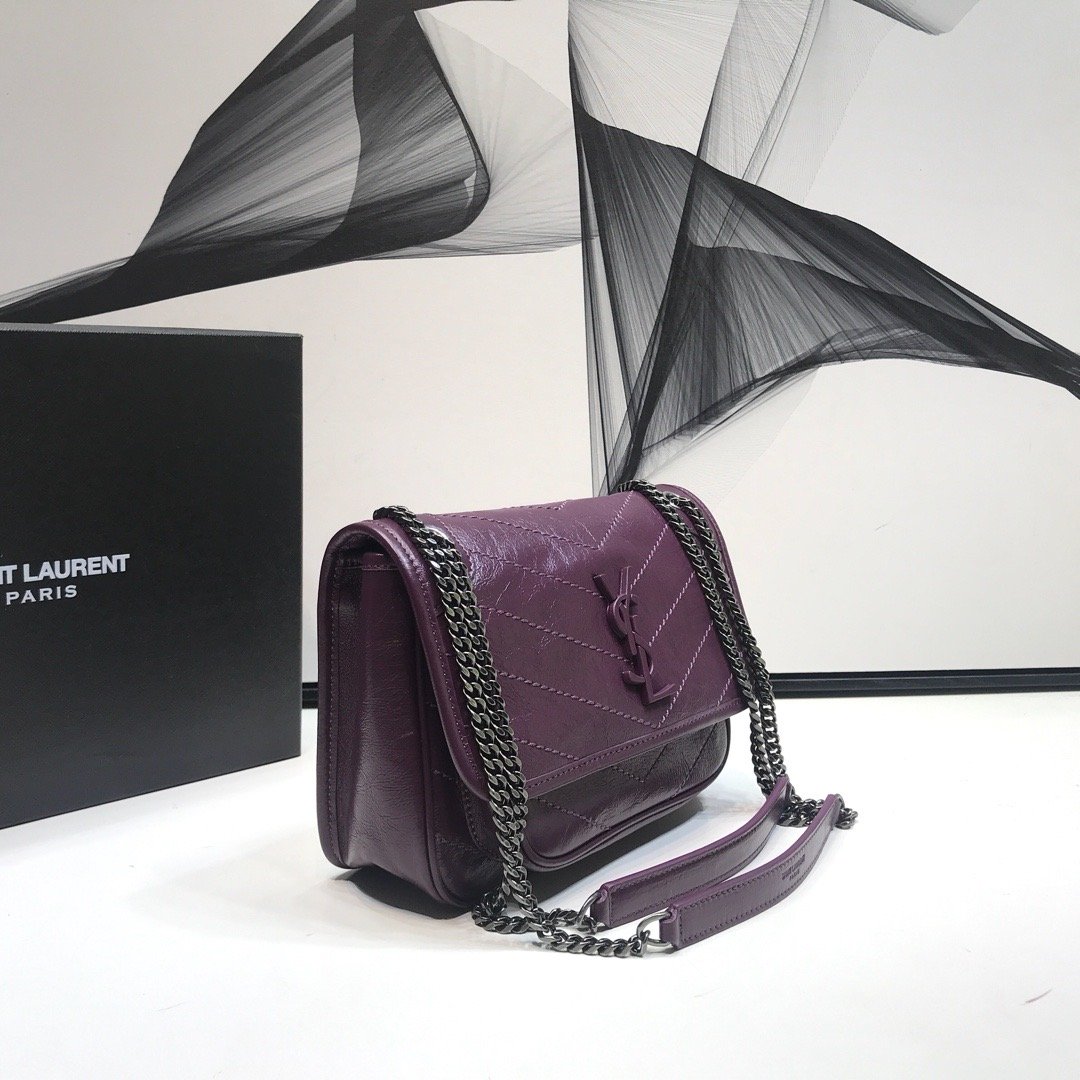 YSL Saint Laurent Niki Baby Crinkled Dark Violet Chain Handbag