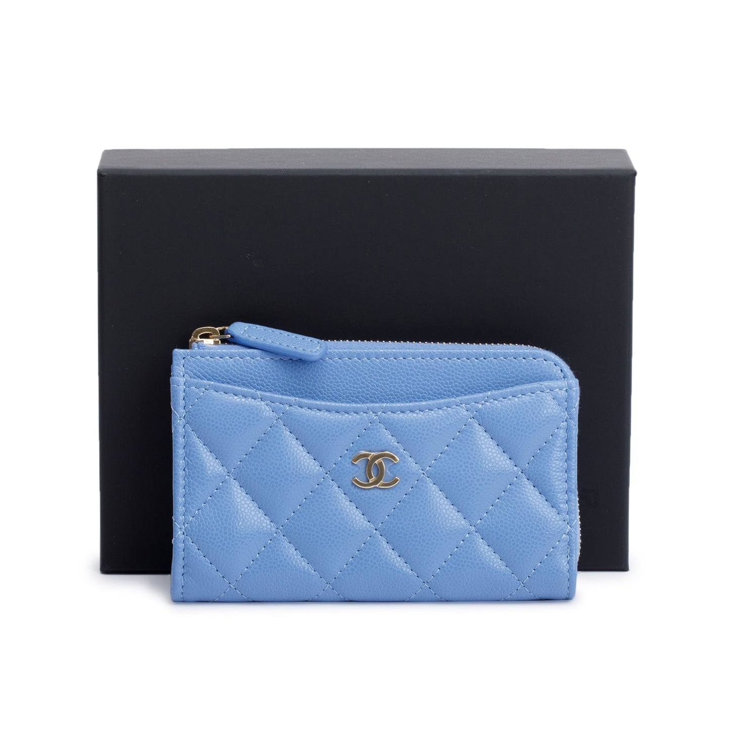 Chanel Quilted Caviar Classic Zipped Card Leather Blue Wallet Case