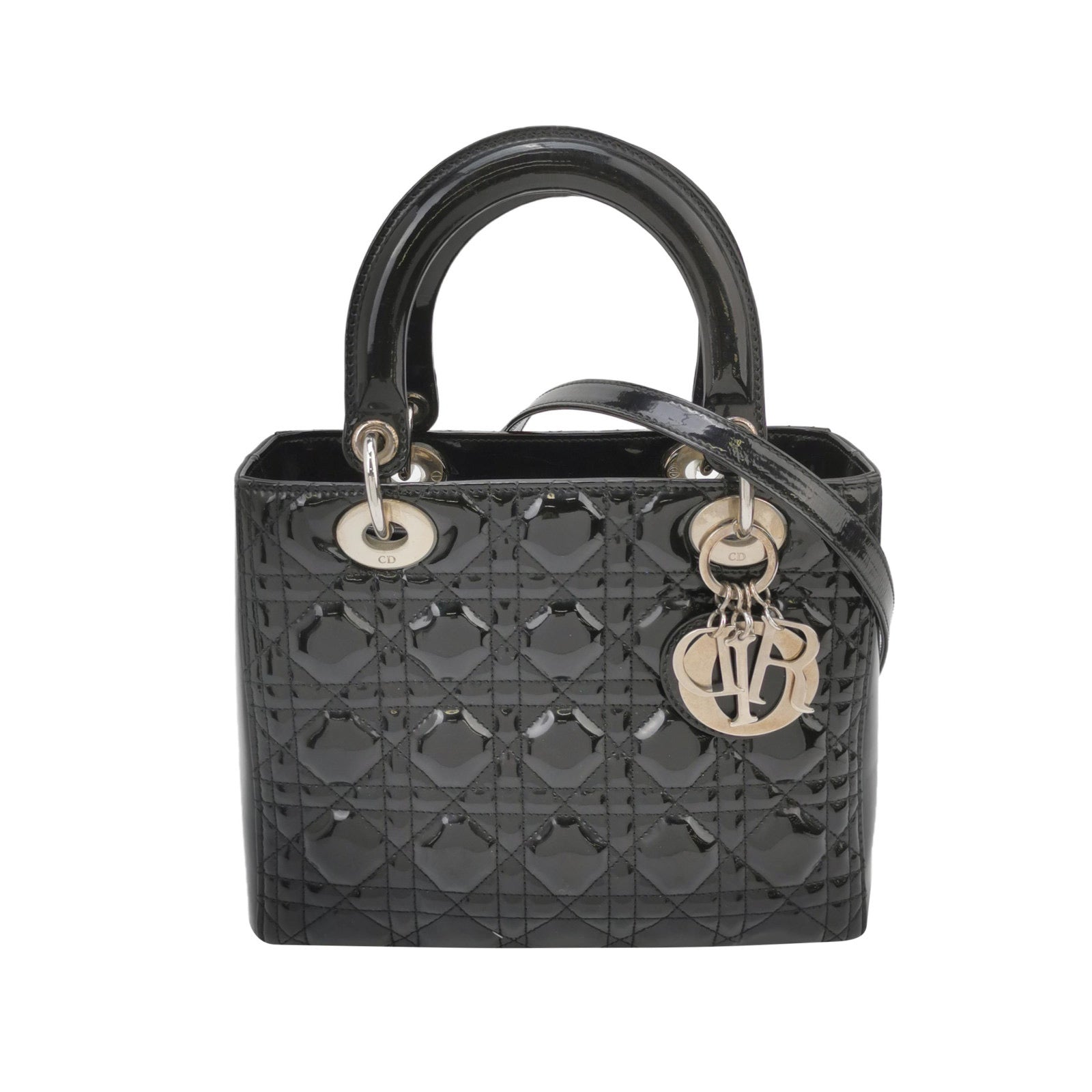 Dior Lady Medium Patent Handbag With Hardware Leather Black Travel Bag Silver Hardware