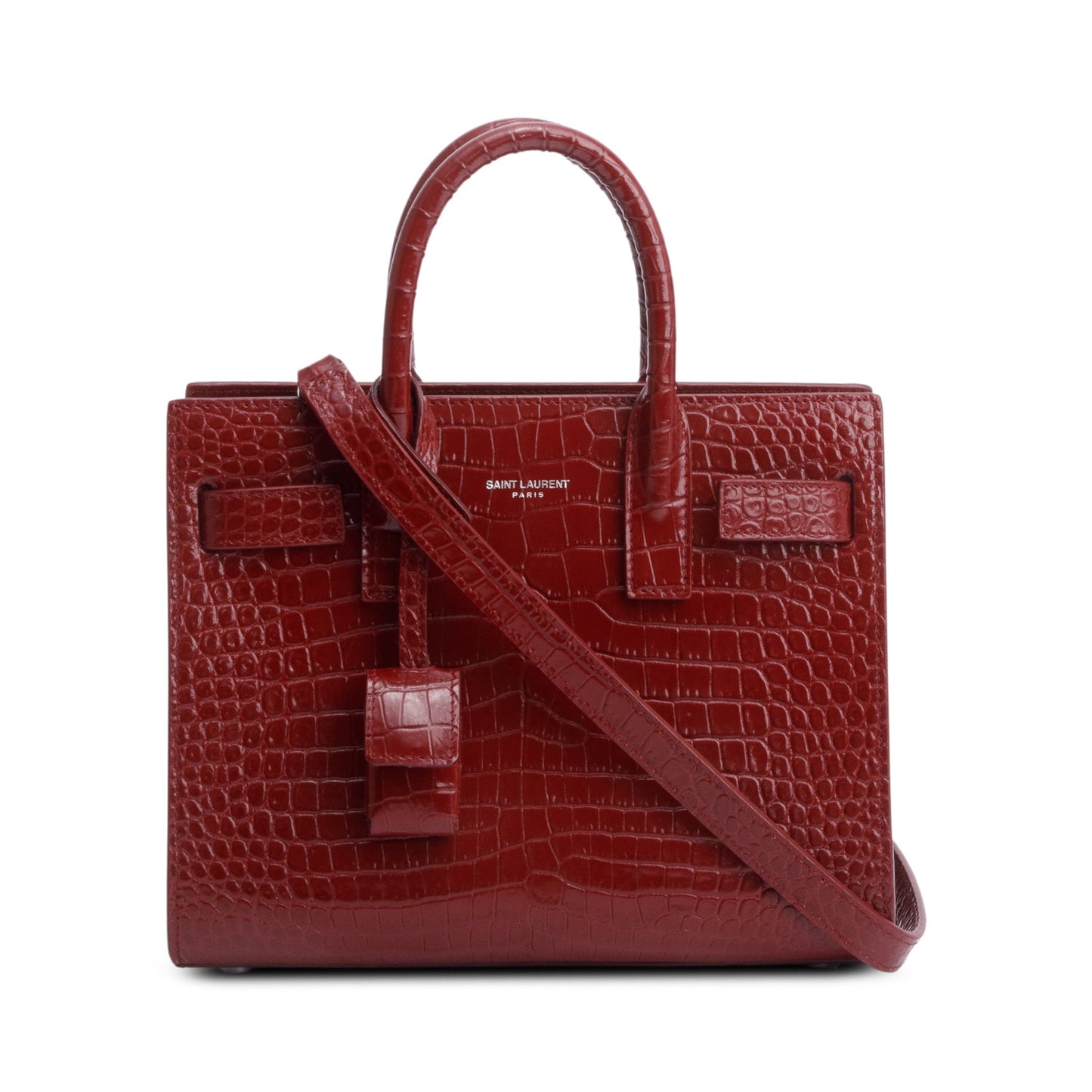 YSL Saint Laurent Burgundy Crocodile Embossed Nano Sac De Jour Leather Travel Bag