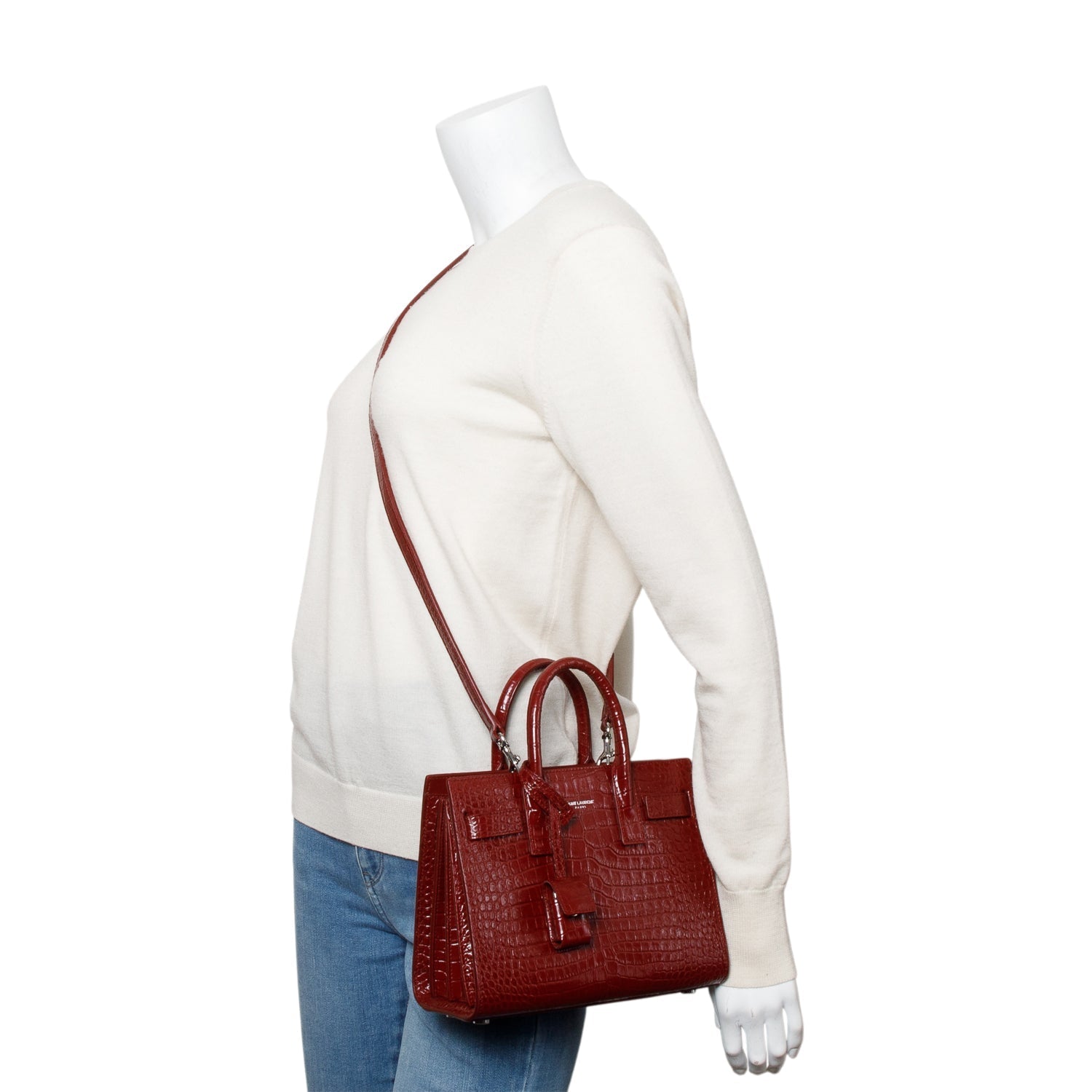 YSL Saint Laurent Burgundy Crocodile Embossed Nano Sac De Jour Leather Travel Bag