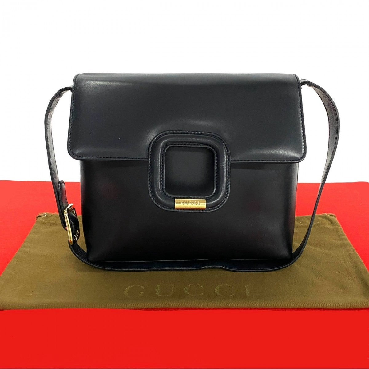 Gucci Metal Leather Navy Logo Shoulder Bag