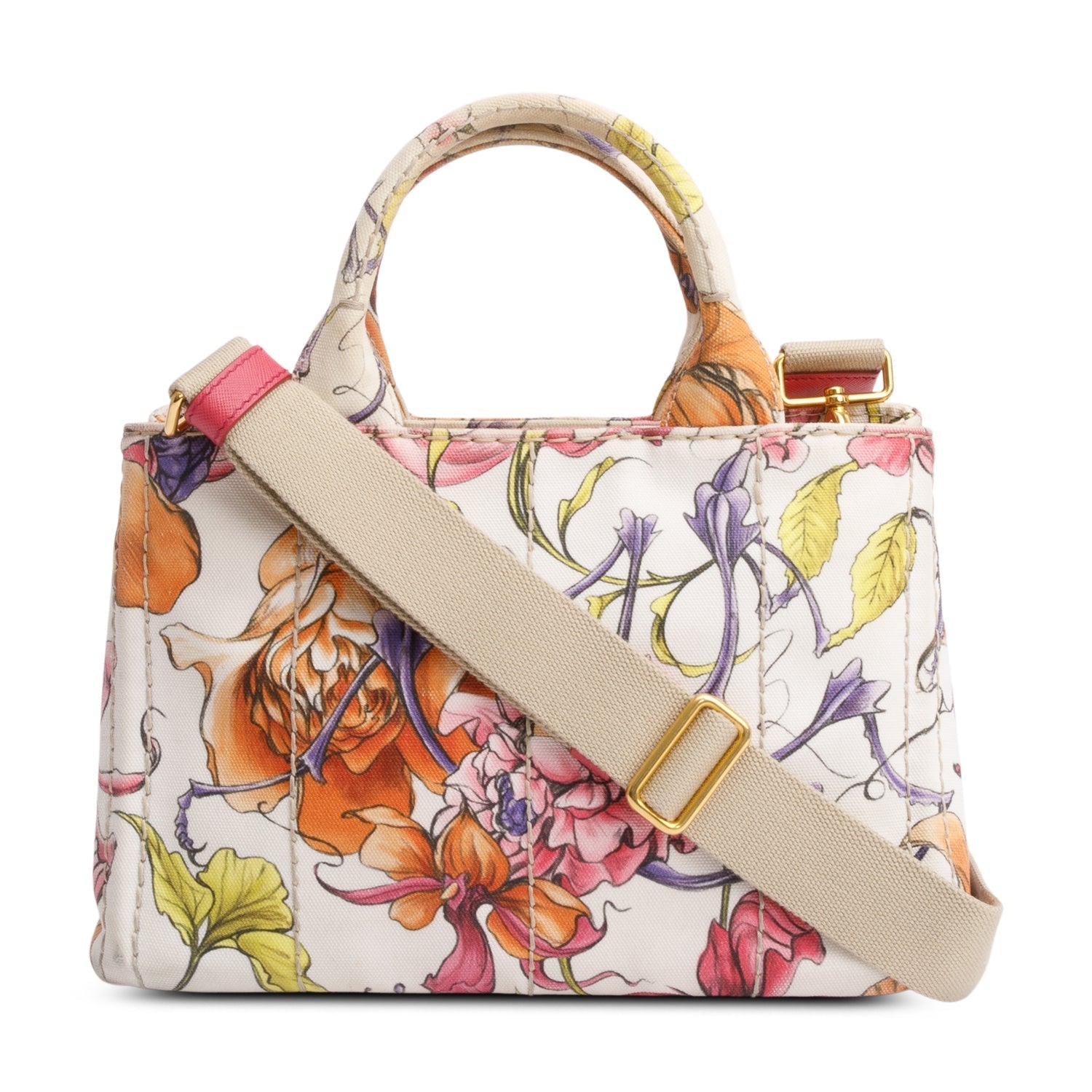 Prada Multicolor Floral Print Canapa Tote Handbag Canvas Small Tote Bag
