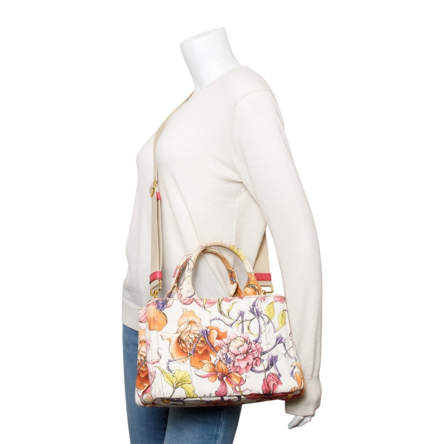 Prada Multicolor Floral Print Canapa Tote Handbag Canvas Small Tote Bag