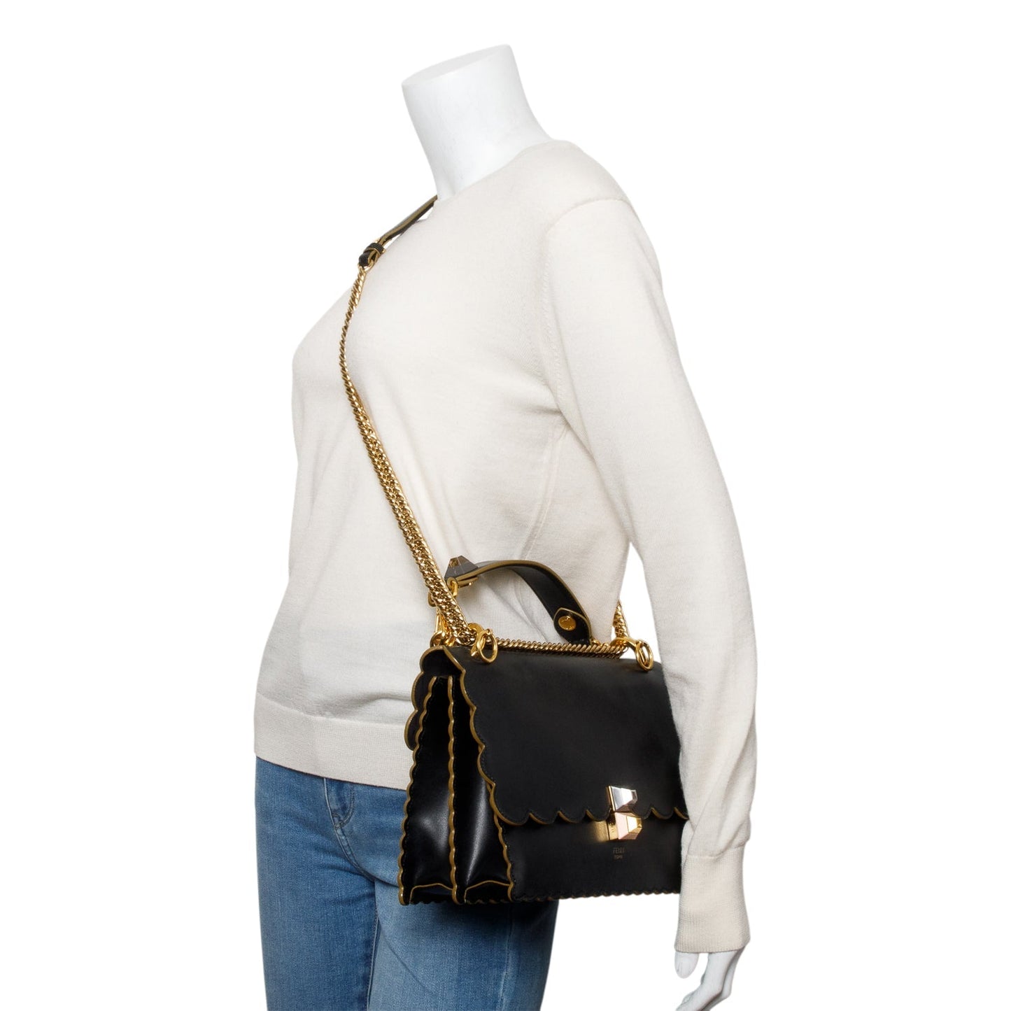 Fendi Calfskin Kan Scallop Shoulder Bag Leather Black