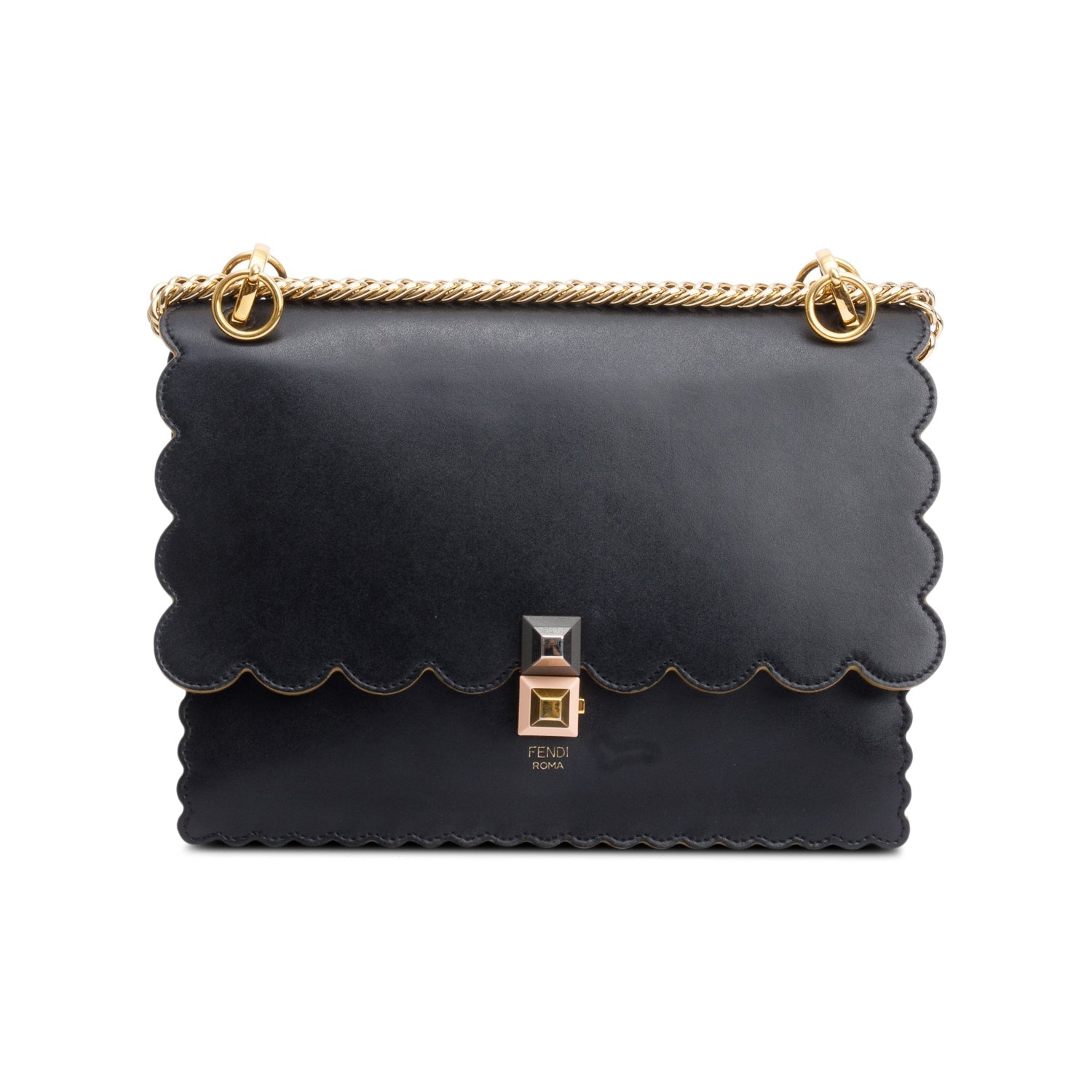 Fendi Calfskin Kan Scallop Shoulder Bag Leather Black