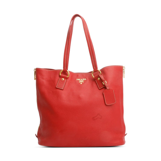 Prada Vitello Daino Side Zip Tote Handbag Leather Red Tote Bag