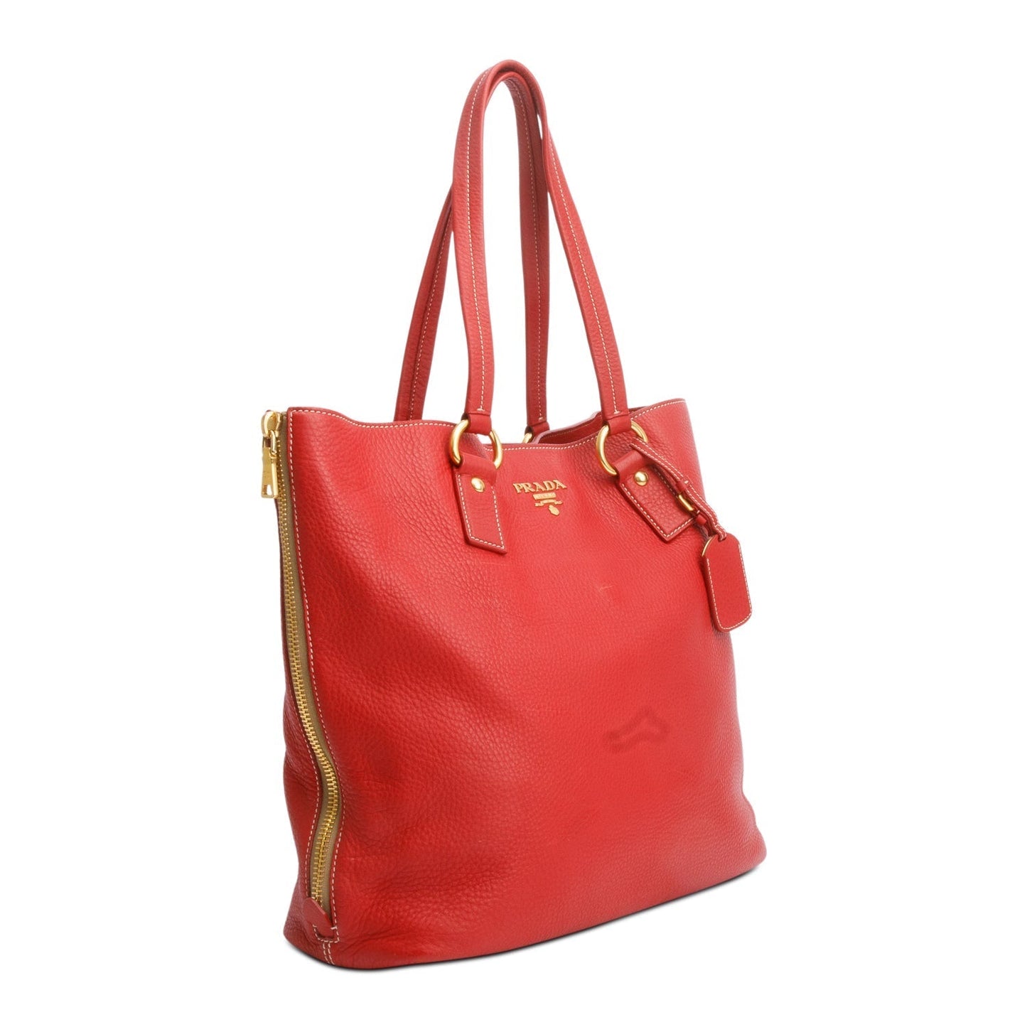 Prada Vitello Daino Side Zip Tote Handbag Leather Red Tote Bag