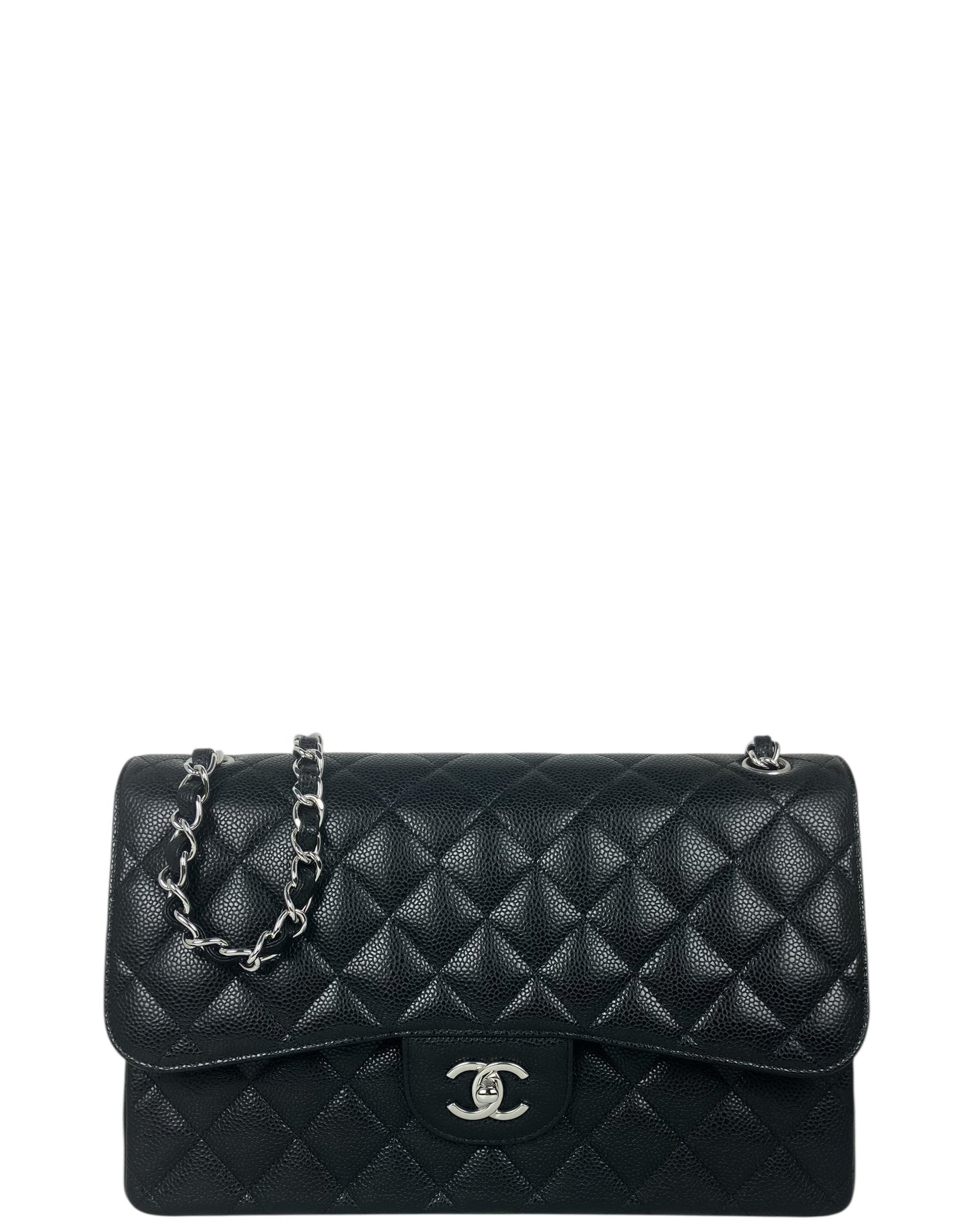 Black Caviar Leather Double Flap Jumbo Bag Signature