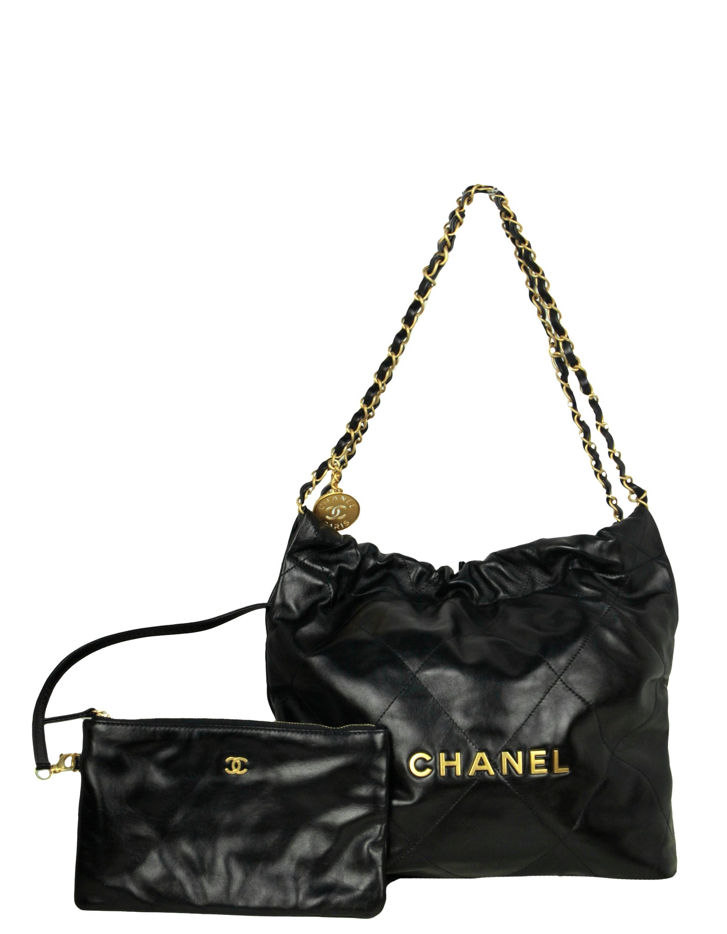 Chanel Black Shiny Calfskin Quilted Small 22 Tote Bag