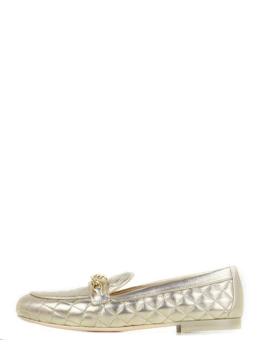 Chanel Gold Lambskin Quilted Chain CC Loafers sz