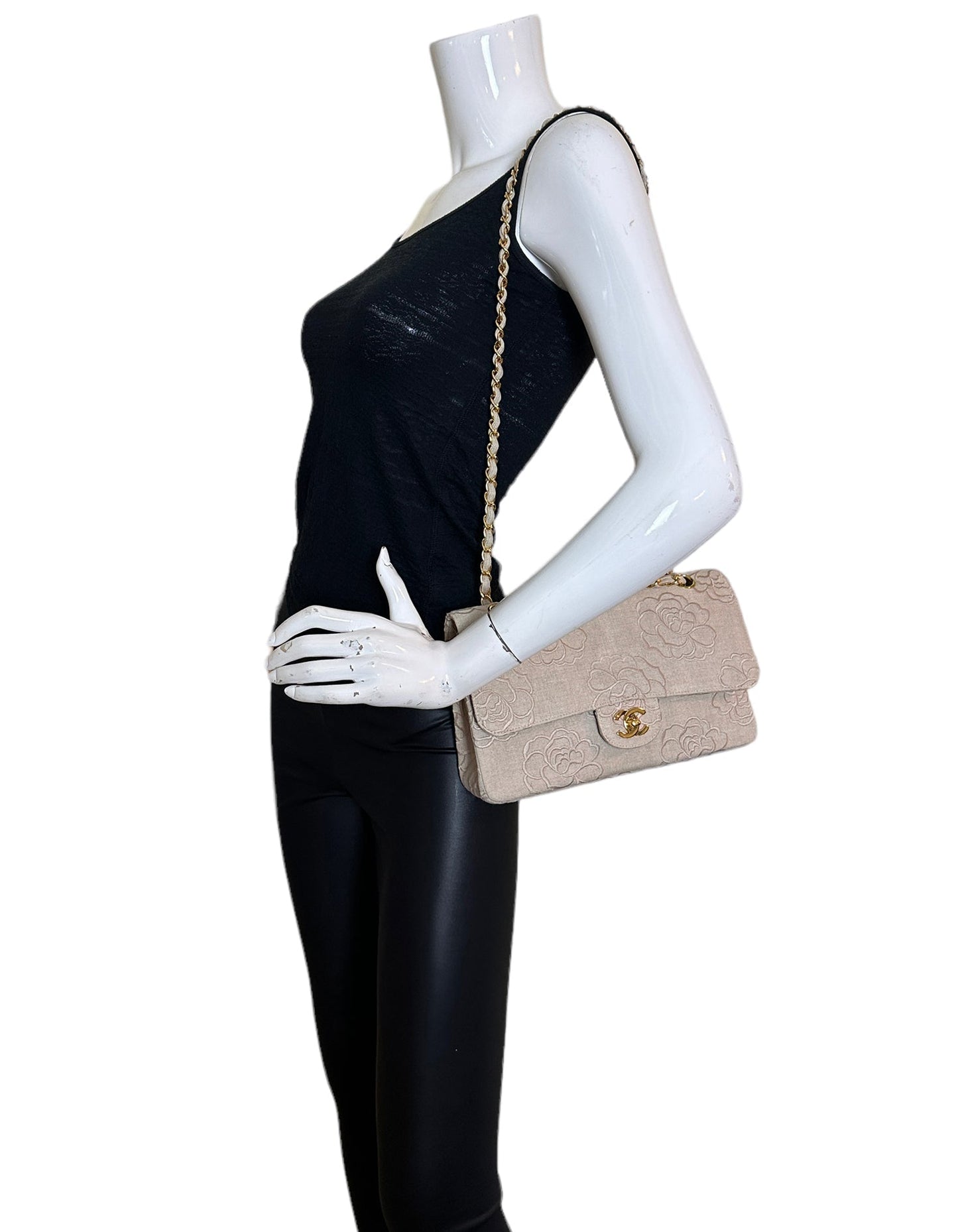Chanel Ivory Canvas Camellia Embroidered Double Flap Classic Bag