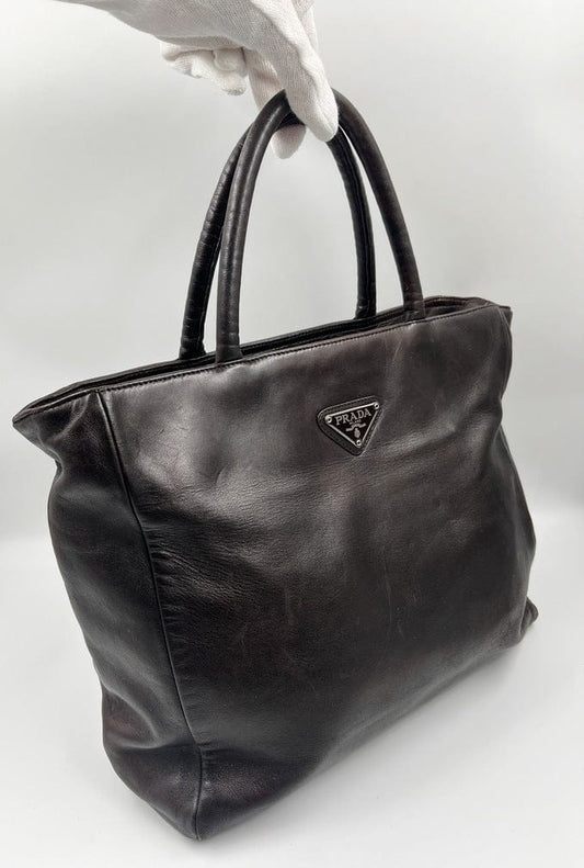 Prada Dark Tote Leather Brown Tote Bag