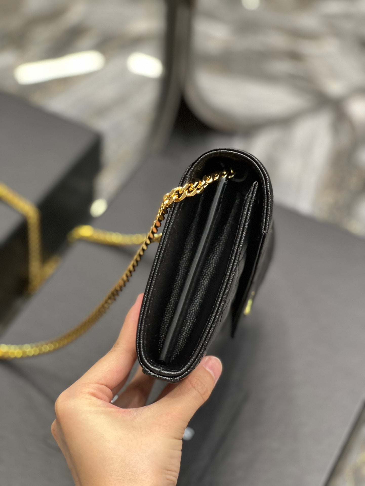 YSL Saint Laurent Envelope , ’s 8in 22cm Black Small Chain Handbag