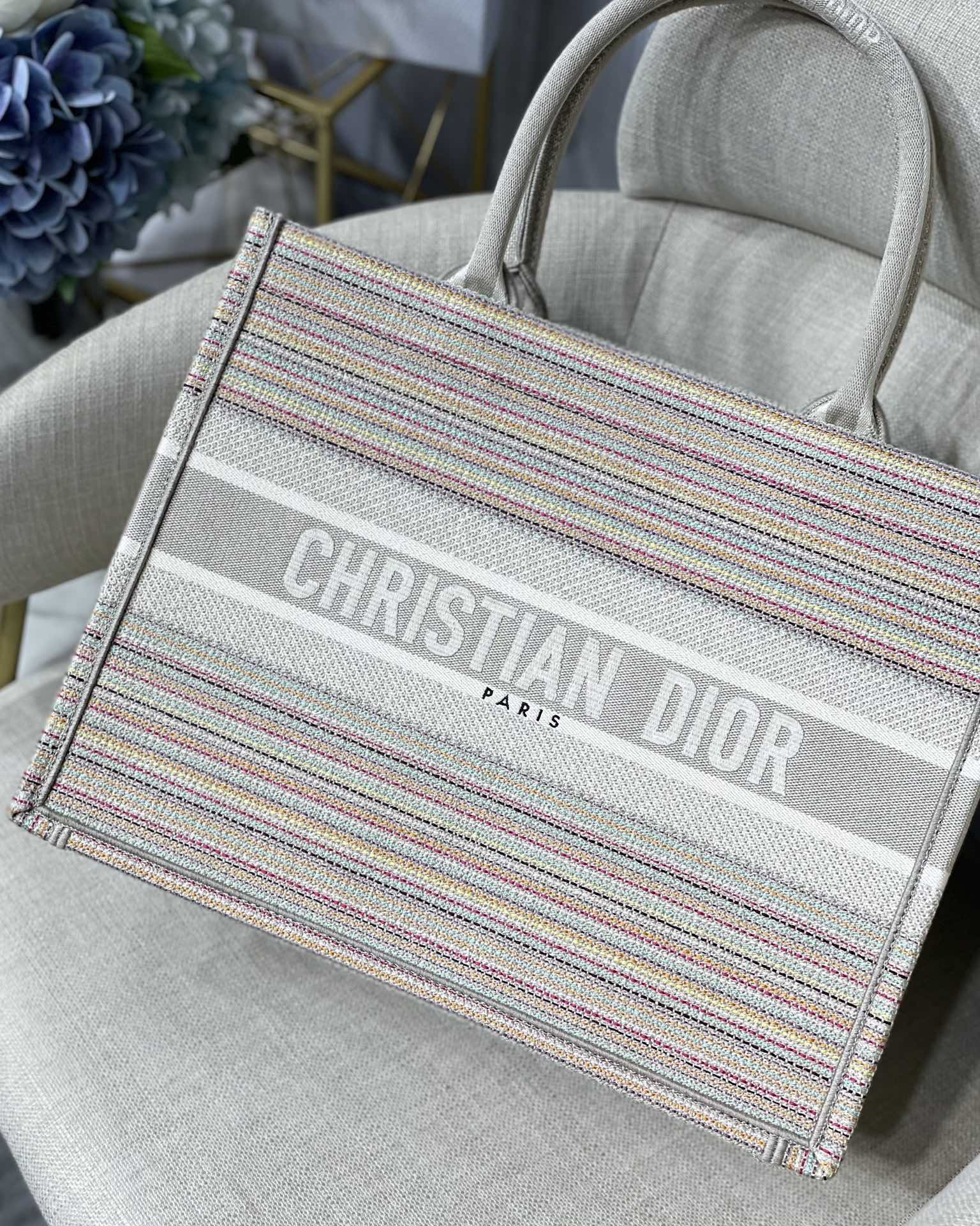 Book Stripes Embroidery Cd Canvas Large Book Tote Bag