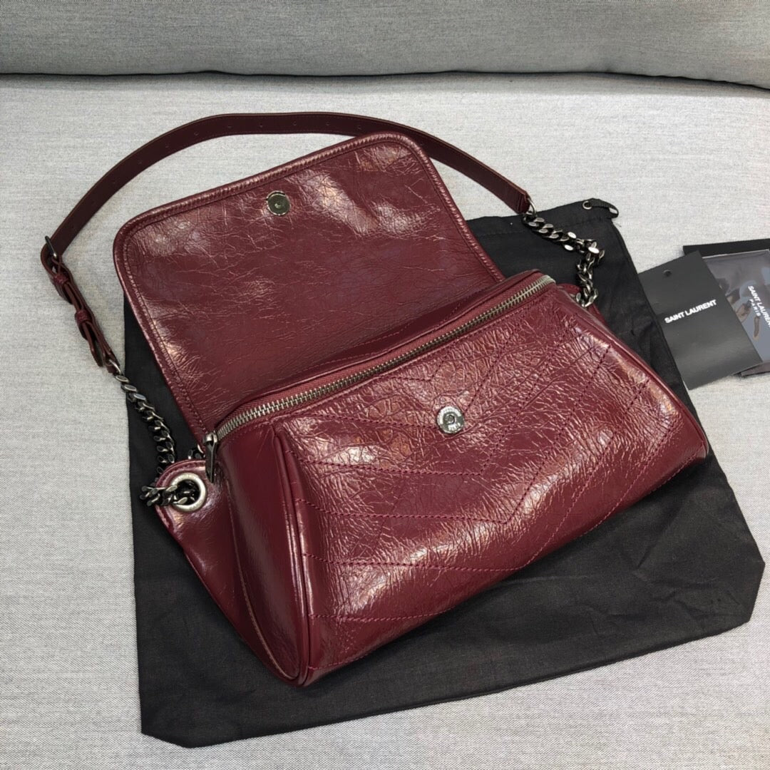 YSL Saint Laurent Niki Crinkled Burgundy 11in 28cm Medium Shoulder Bag