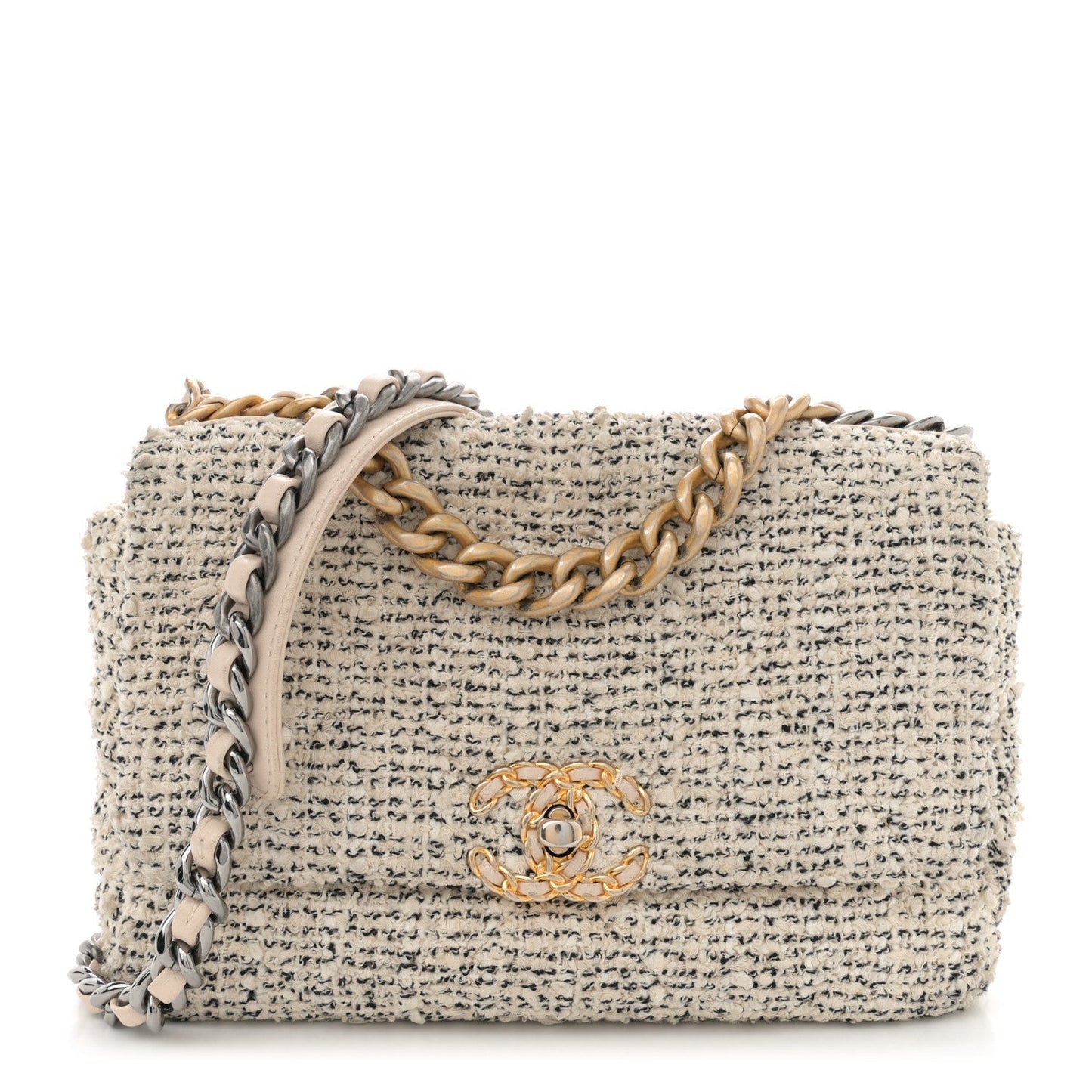 Chanel Tweed Quilted Medium 19 Flap Ecru Black Accessory