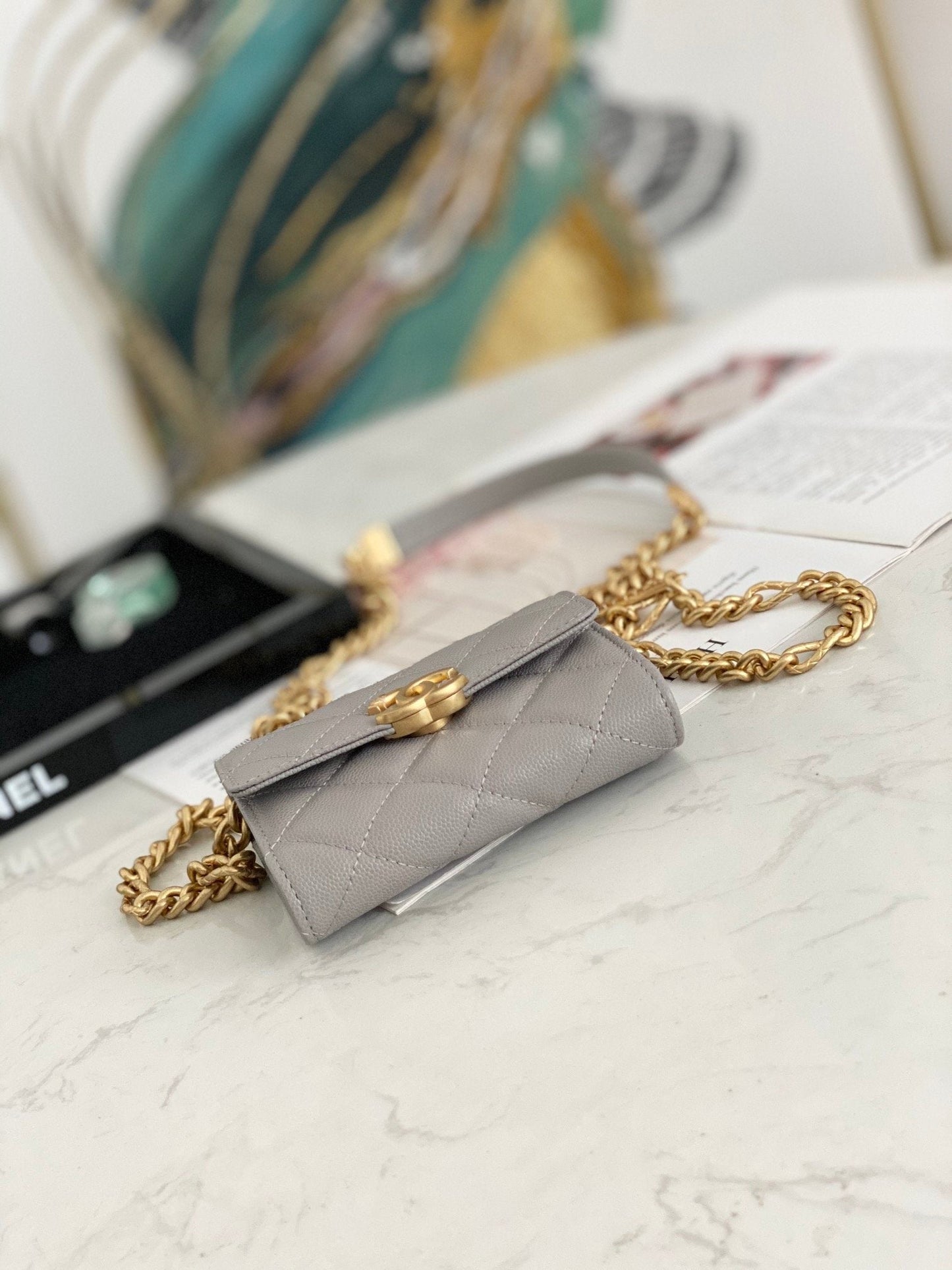 CHLMini Toned Hardware 4.7in 12cm Gold Grey Flap Mini Bag