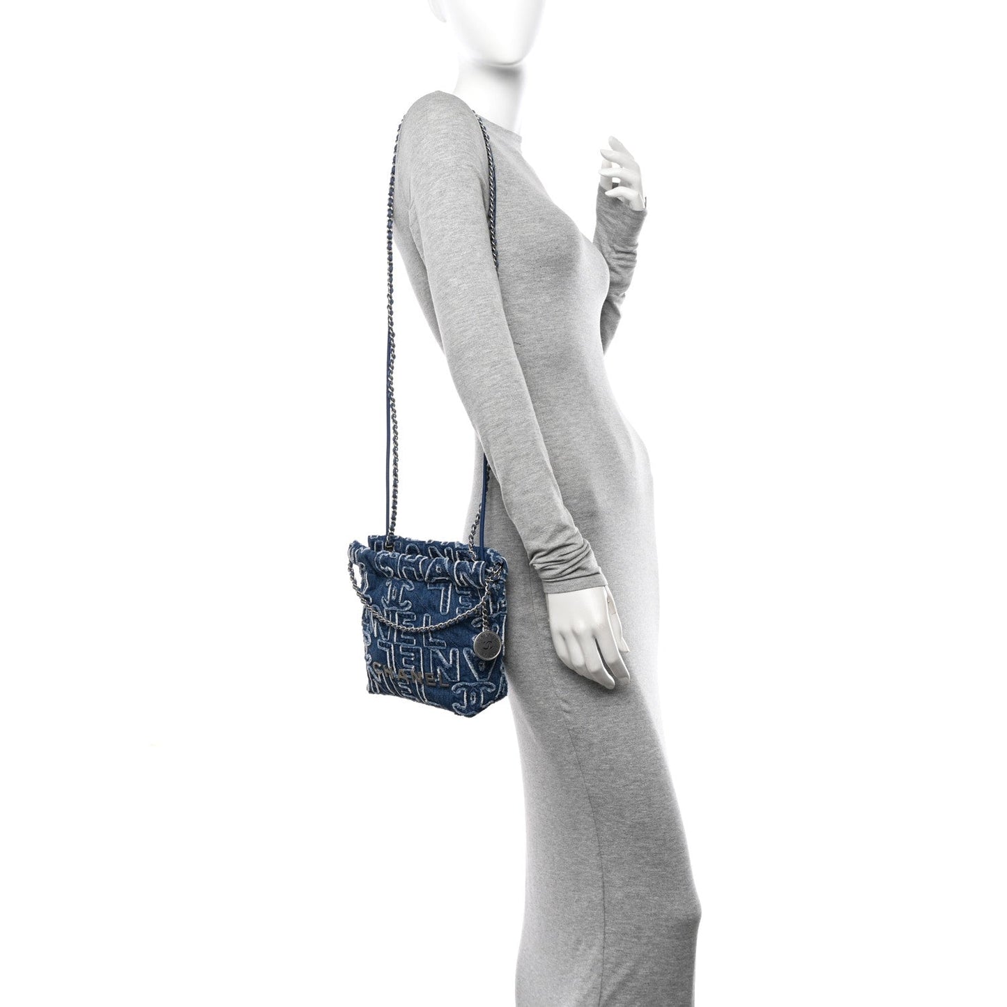 Chanel Washed Denim Logo Embroidered Mini 22 Blue Accessory