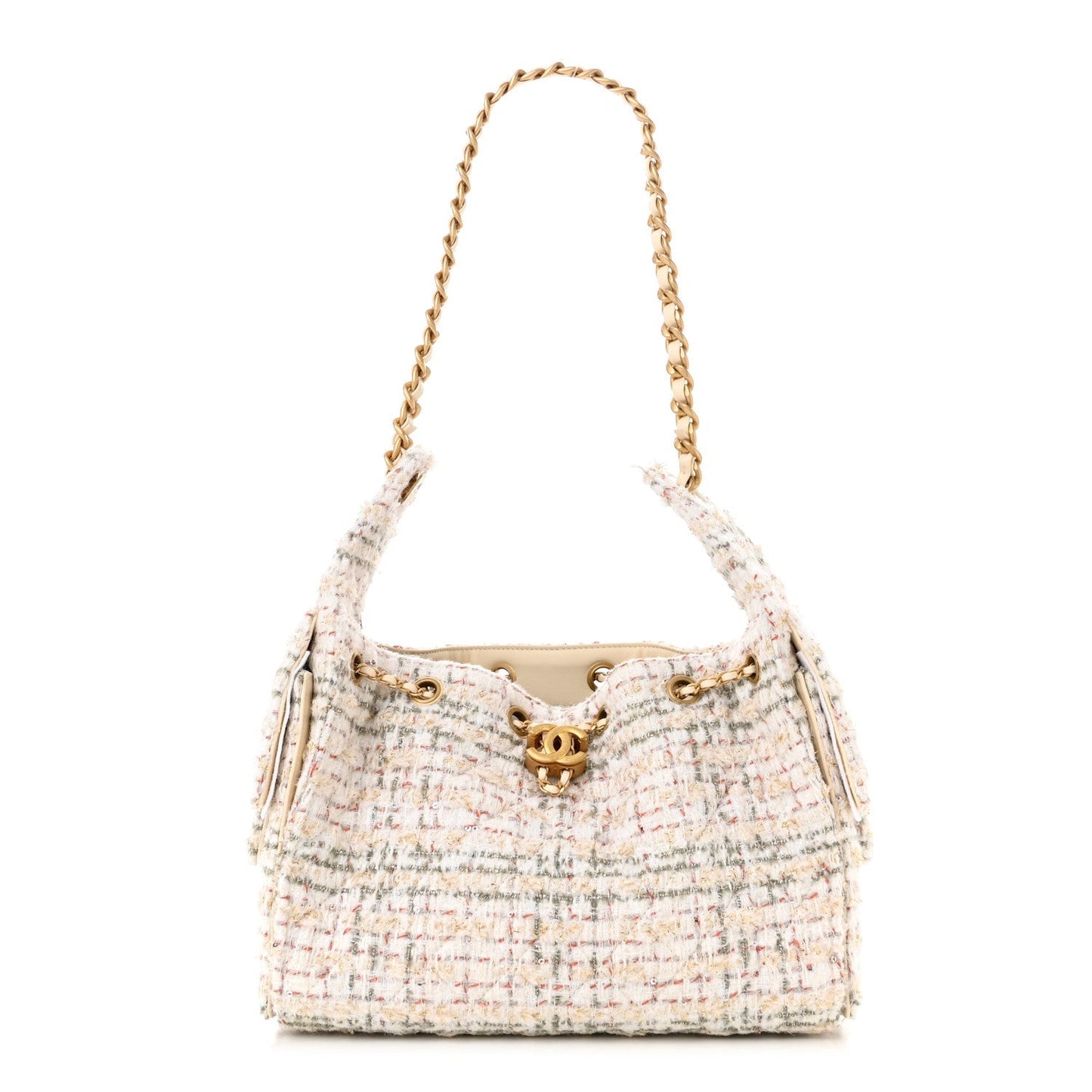 Tweed Quilted Small 25 Handbag Ecru Khaki Gold Red Signature