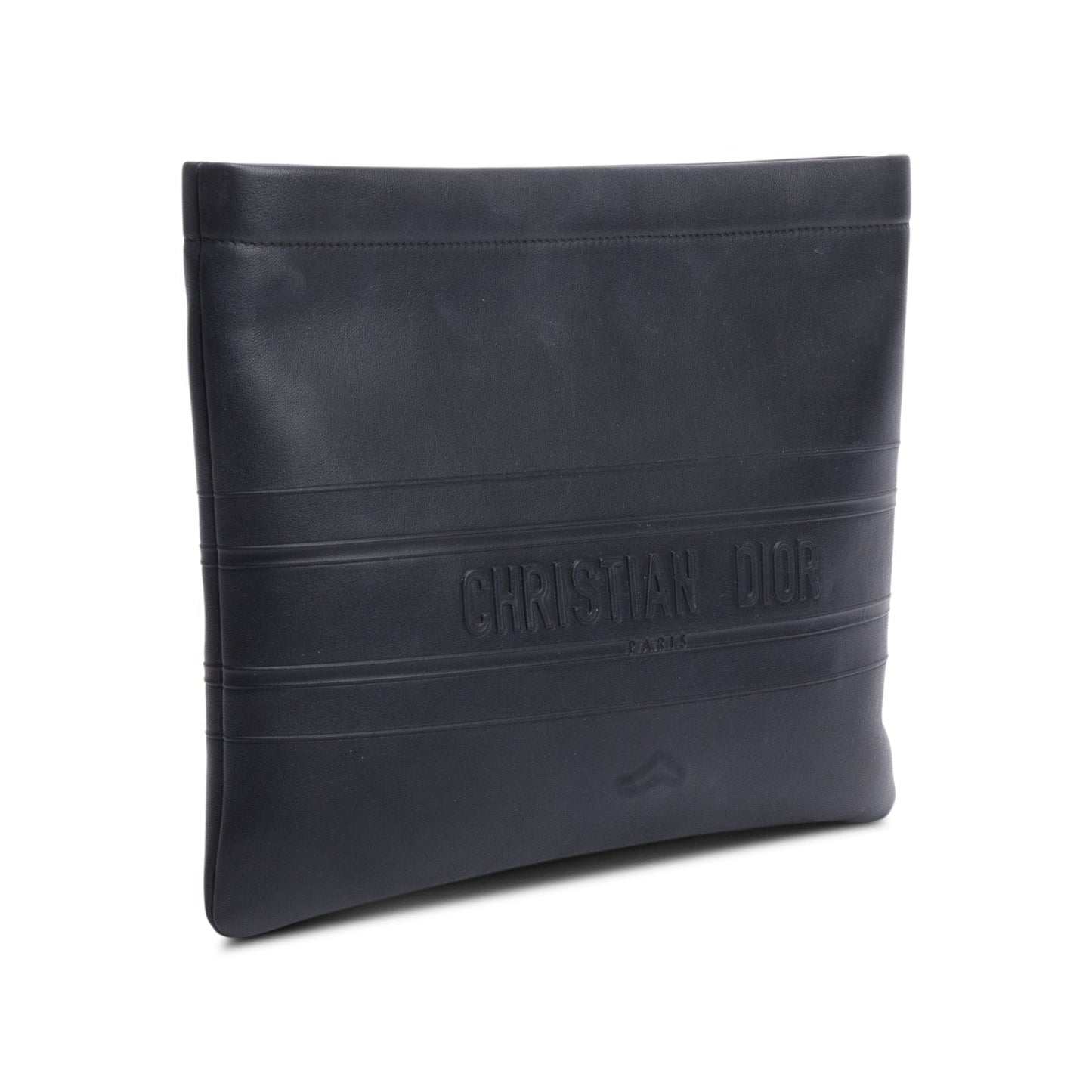 Dior Christian Calfskin Strip Zip Pouch Handbag Leather Black Travel Bag
