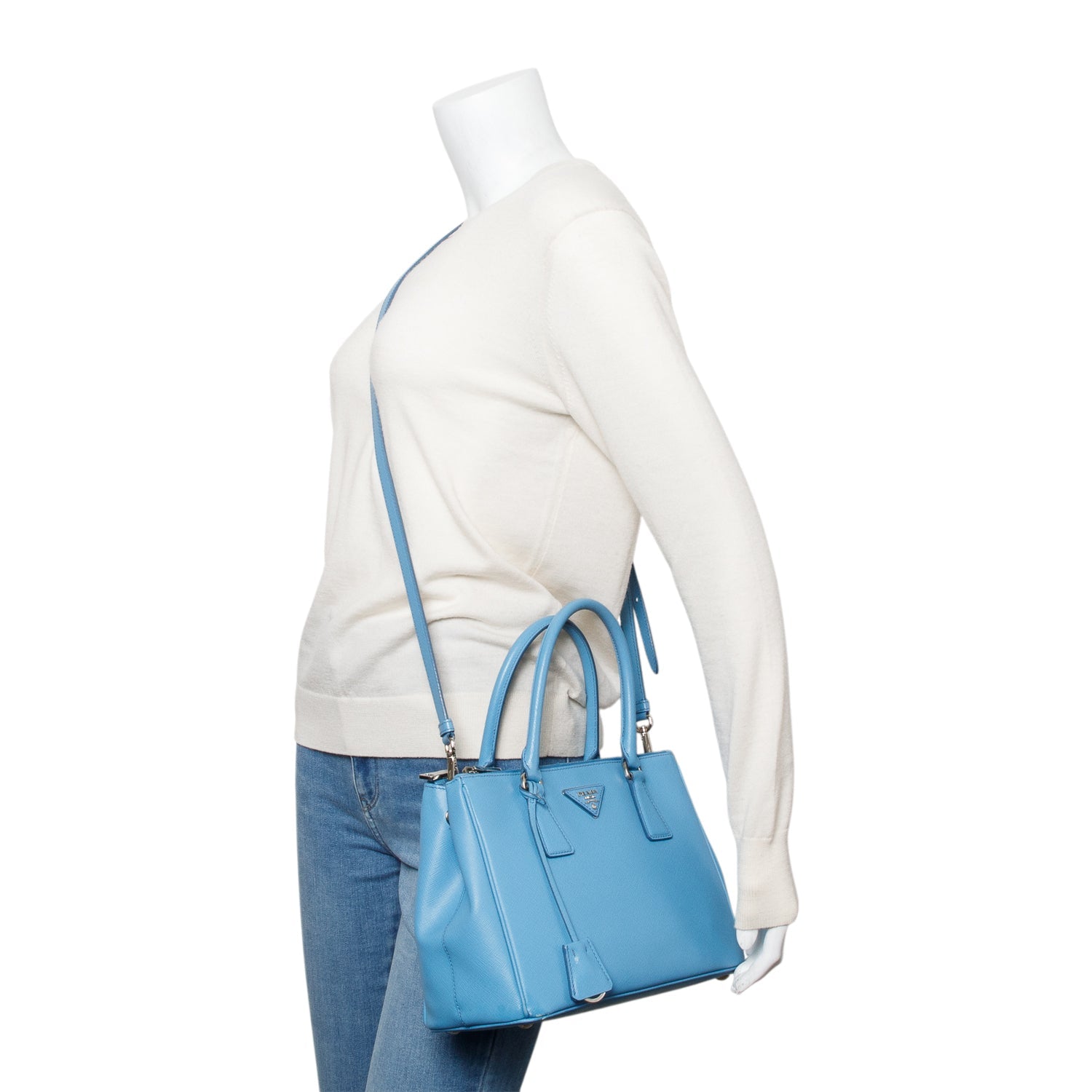 Prada Saffiano Double Zip Galleria Tote Handbag Leather Blue Tote Bag