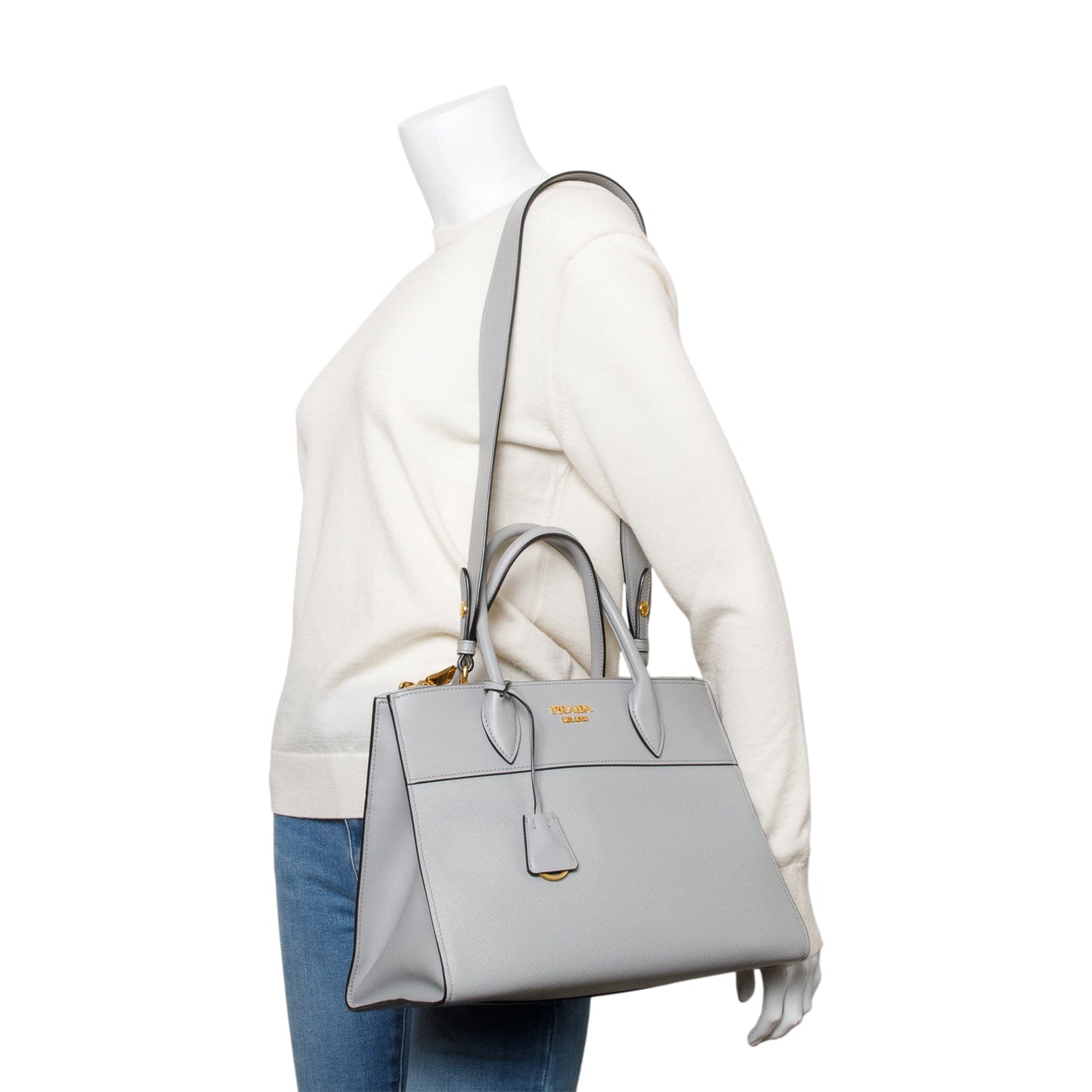Prada Grey Saffiano & City Calf Paradigme Tote Leather Small Tote Bag
